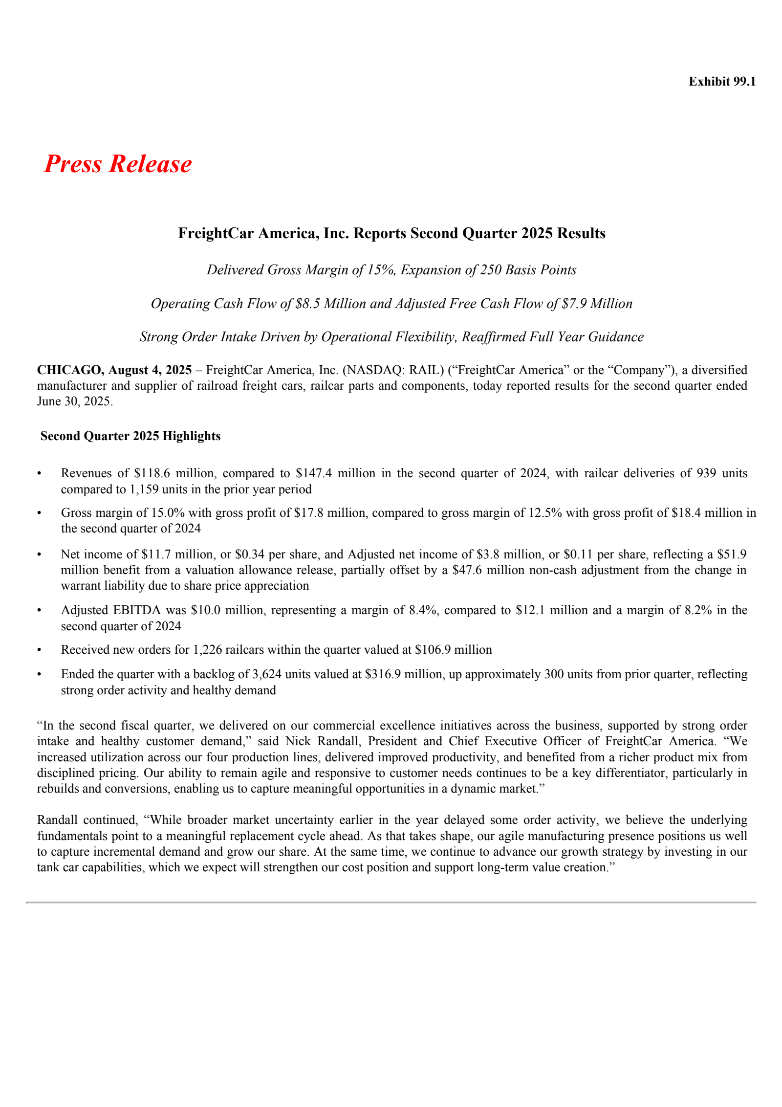 Freightcar America's Q2 2025 Press Release