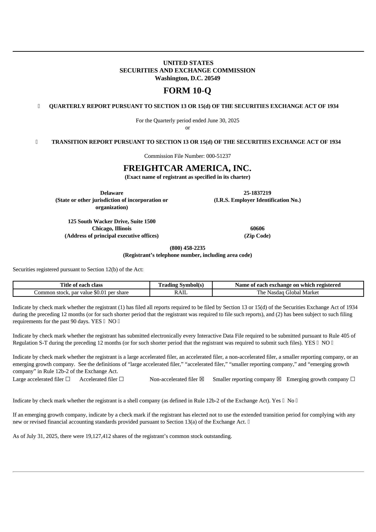 Freightcar America's Q2 2025 Quarterly report