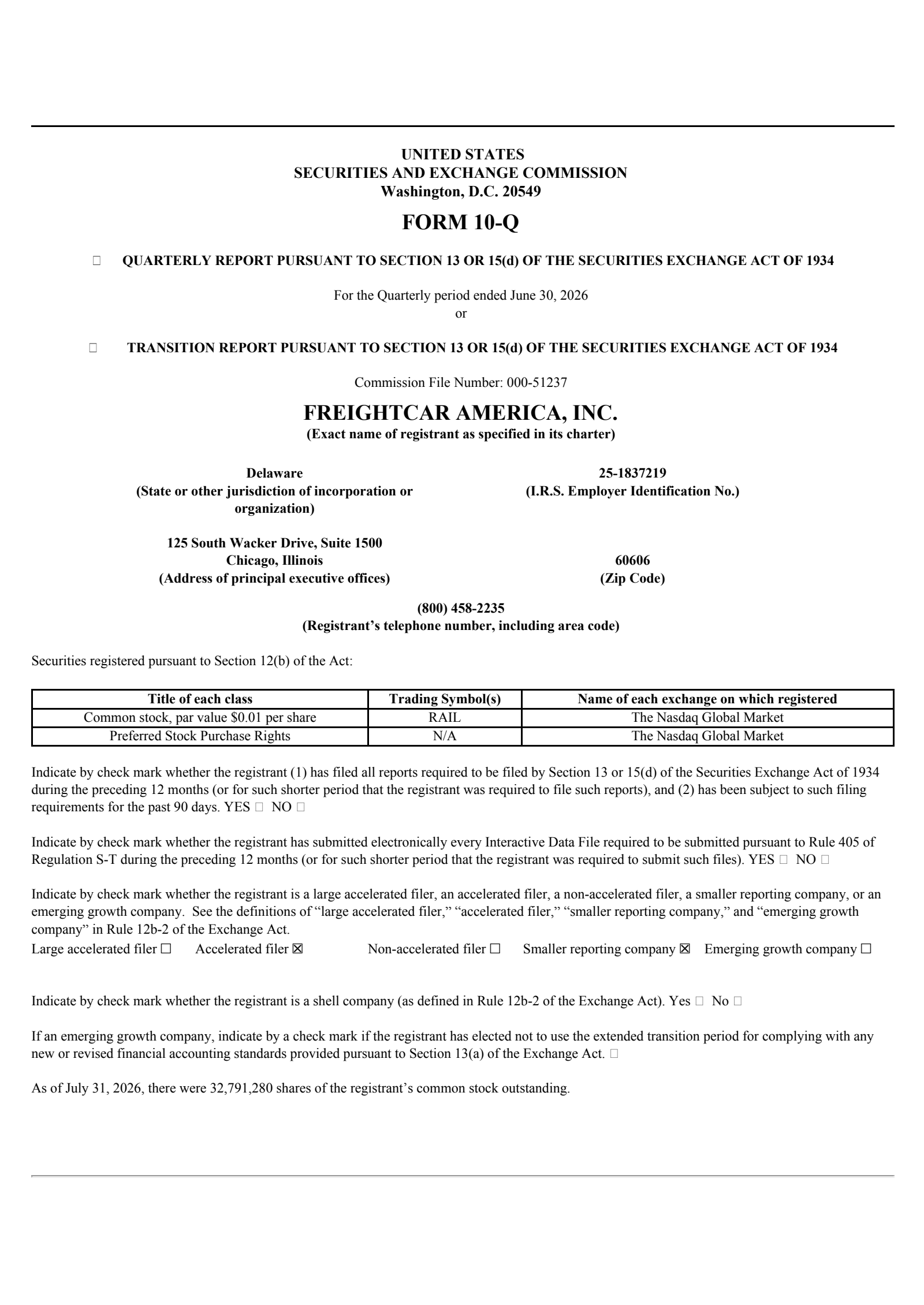 Freightcar America's Q2 2026 Quarterly report