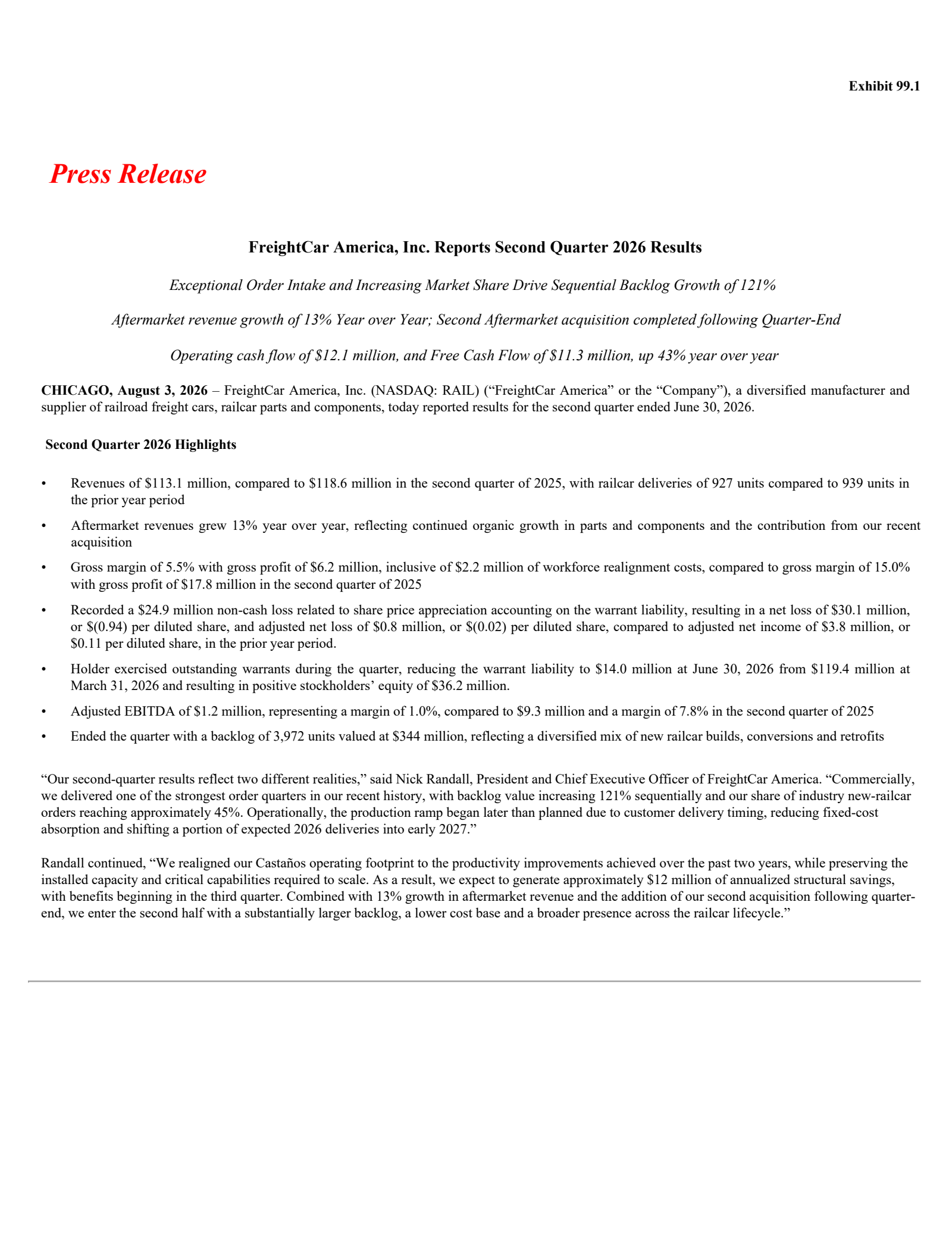 Freightcar America's Q2 2026 Press Release