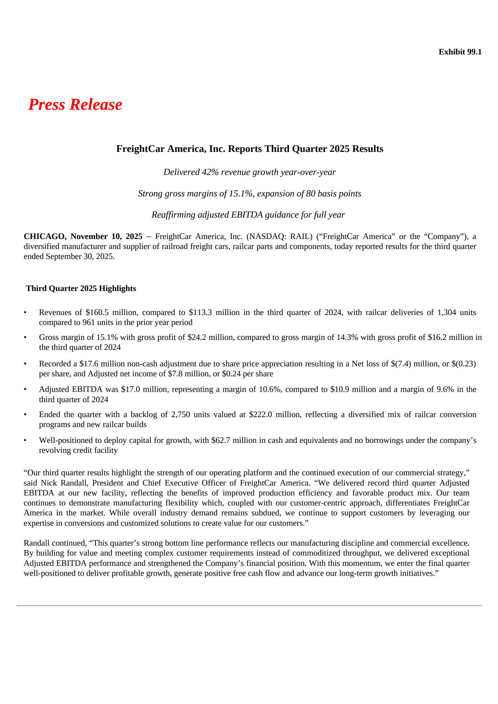 Freightcar America's Q3 2025 Earnings Release
