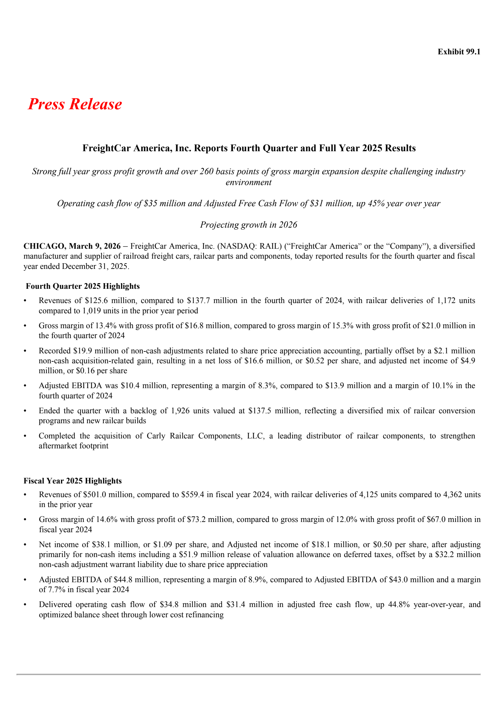 Freightcar America's Q4 2025 Press Release