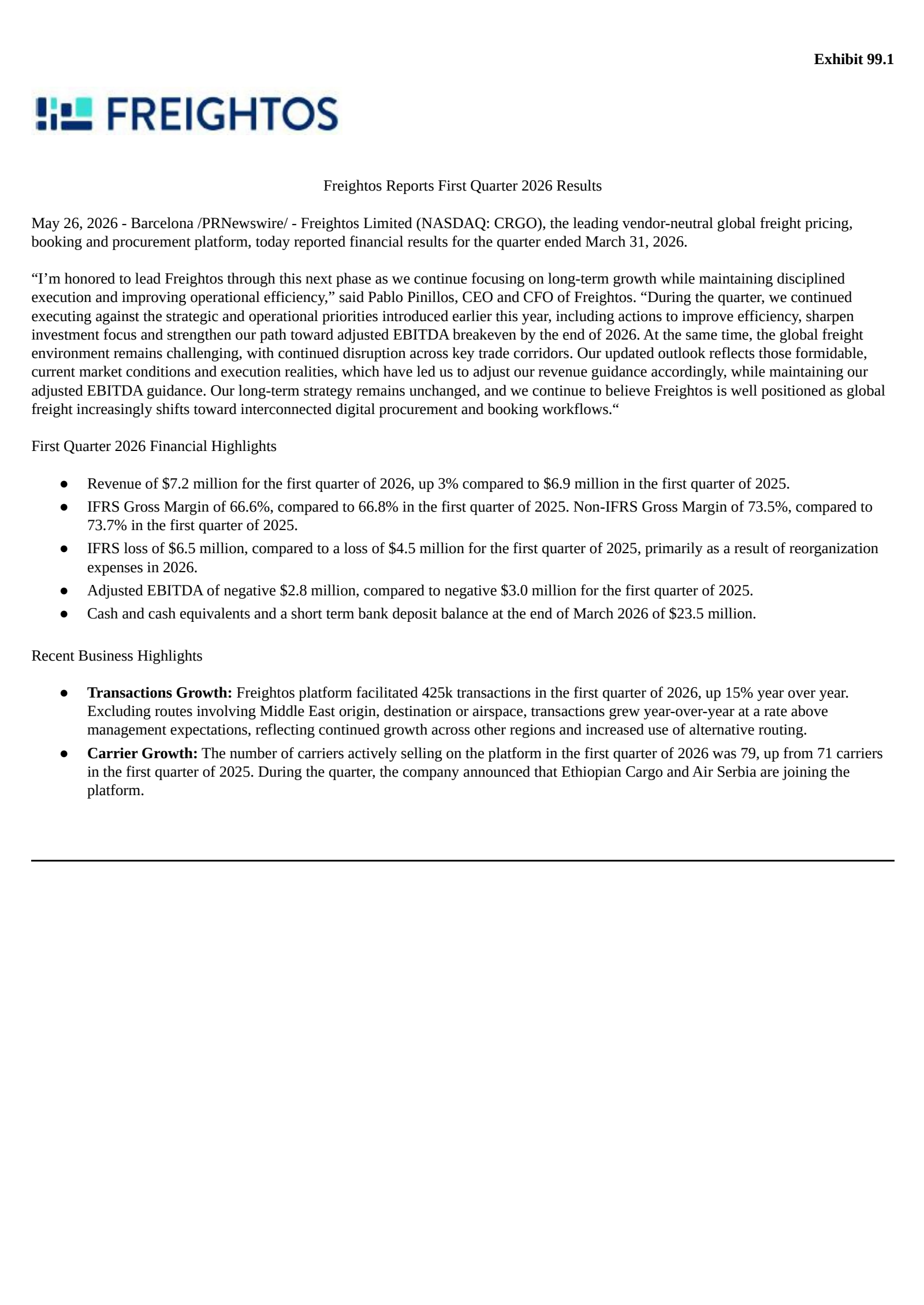 Freightos' Q1 2026 Press Release