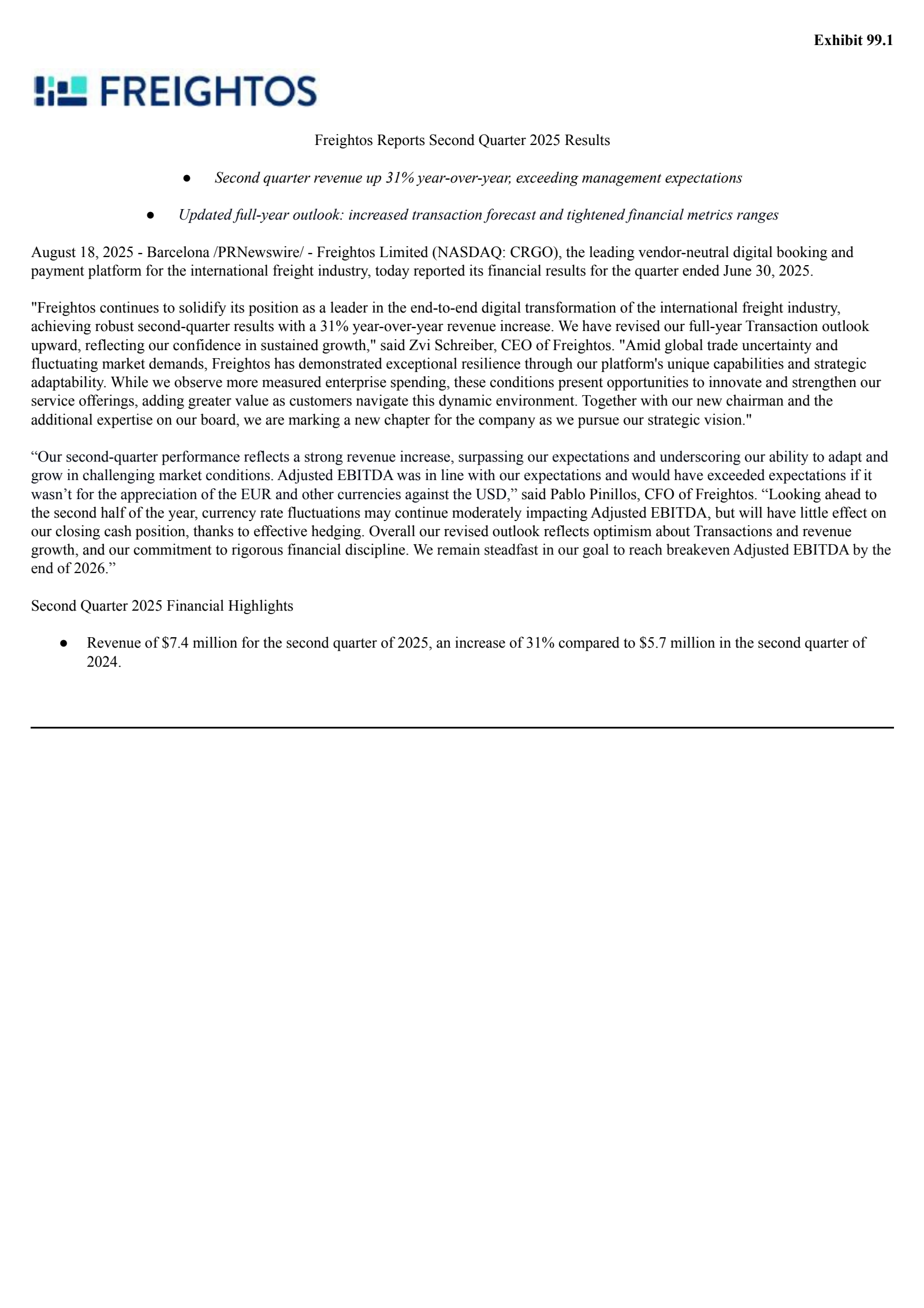 Freightos' Q2 2025 Press Release