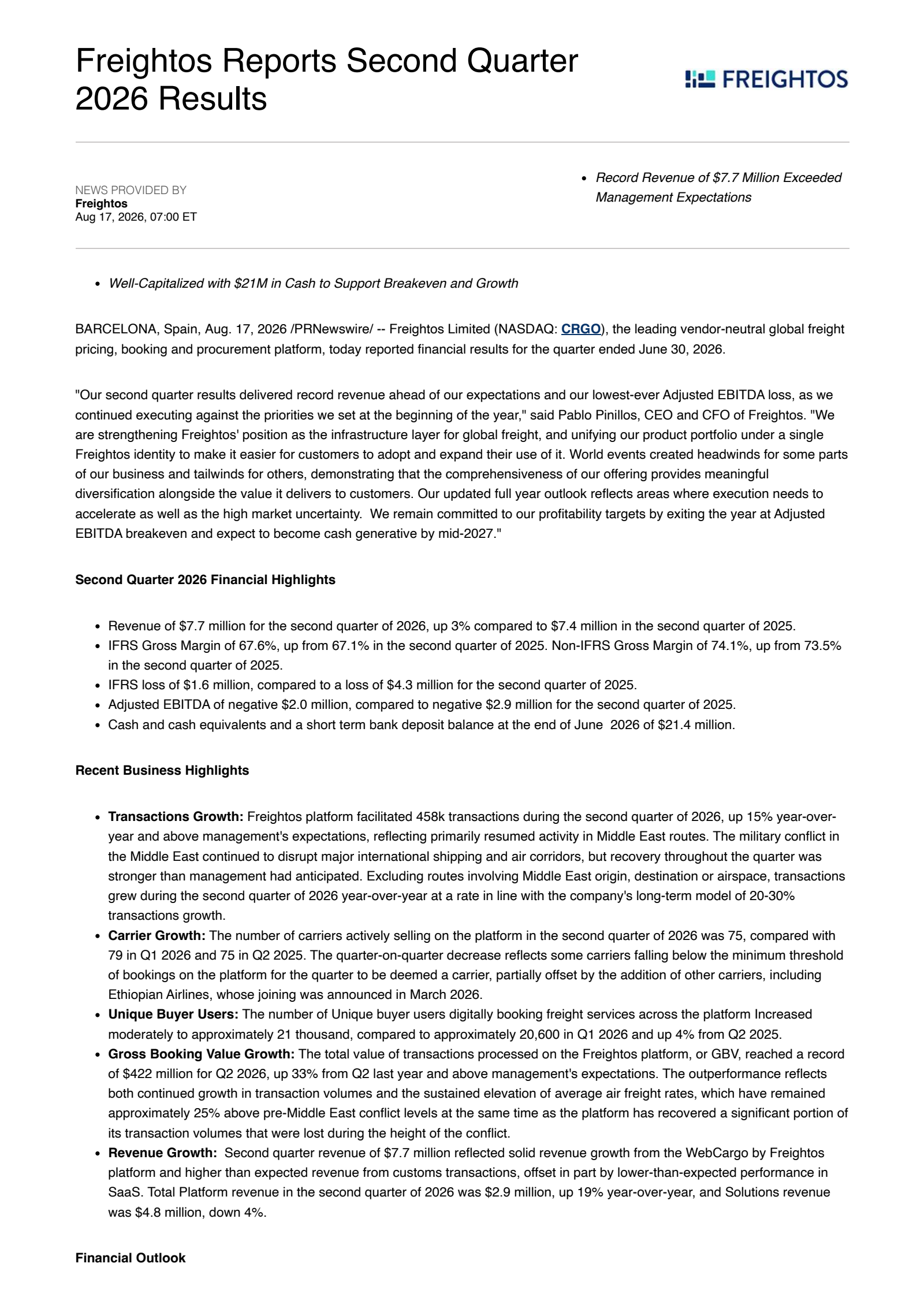Freightos' Q2 2026 Press Release