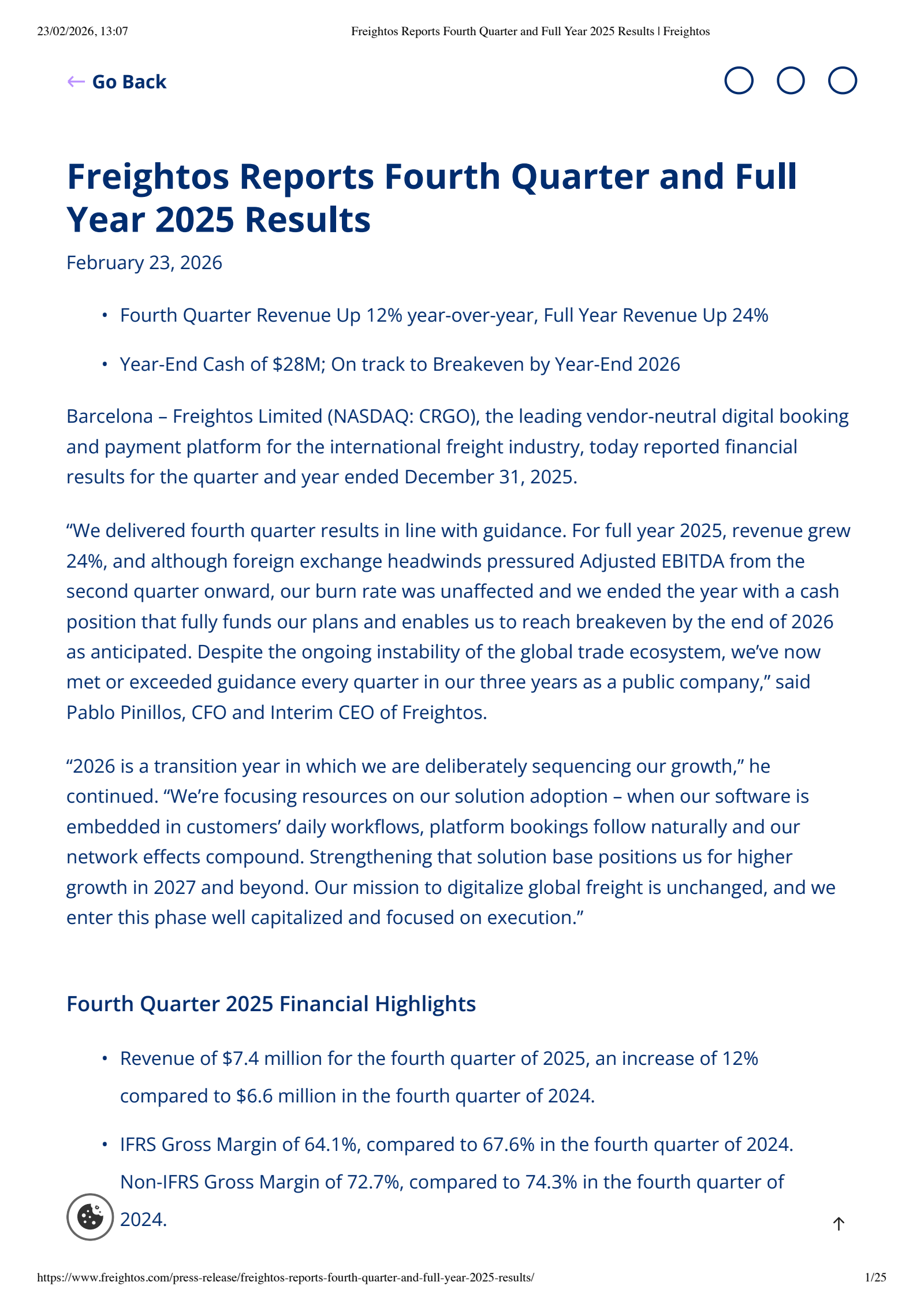 Freightos' Q4 2025 Press Release