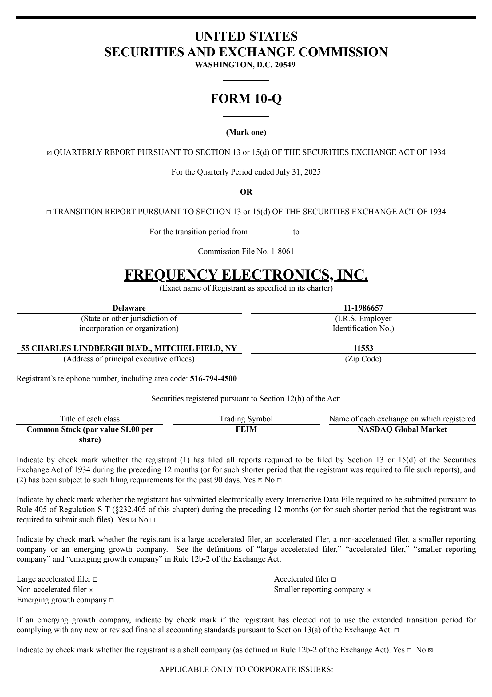 Frequency Electronics' Q1 2026 Quarterly Report