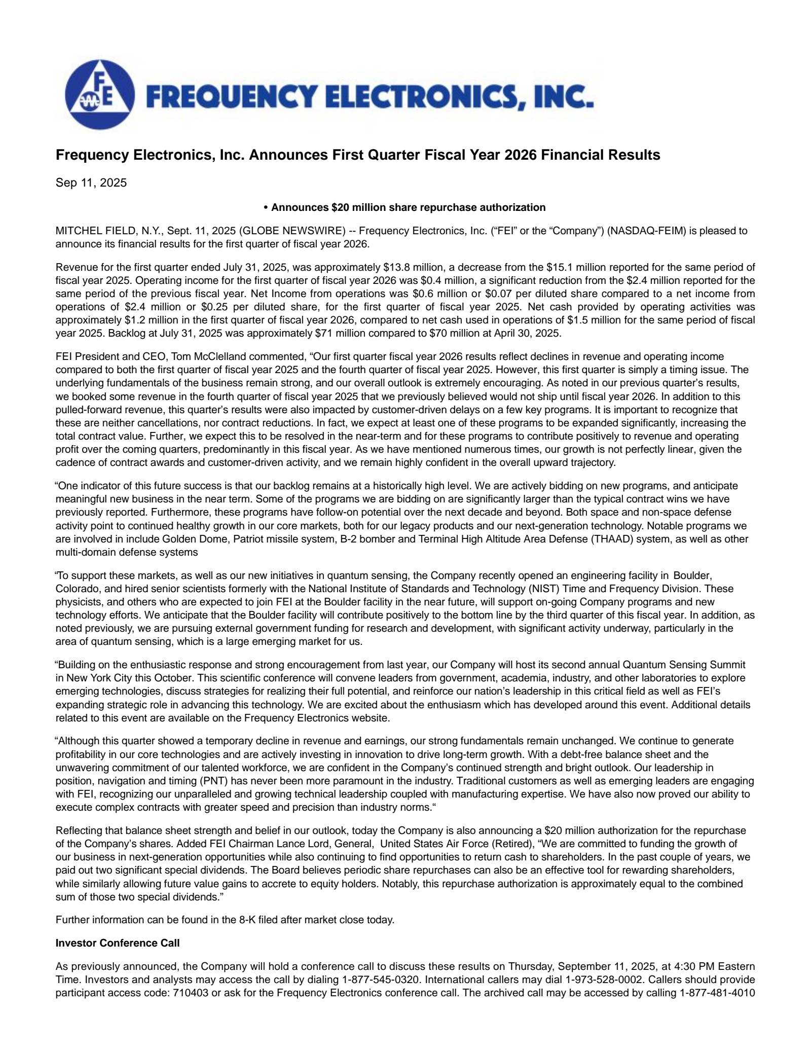 Frequency Electronics' Q1 2026 Earnings Release