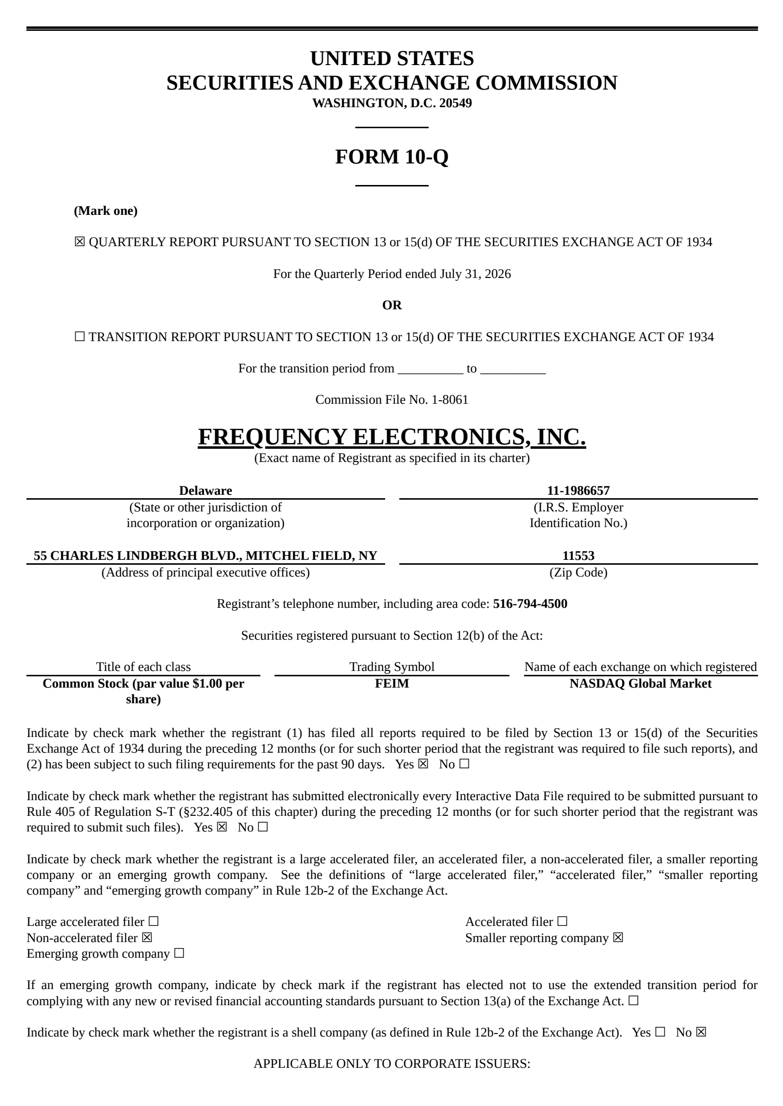 Frequency Electronics' Q1 2027 Quarterly report