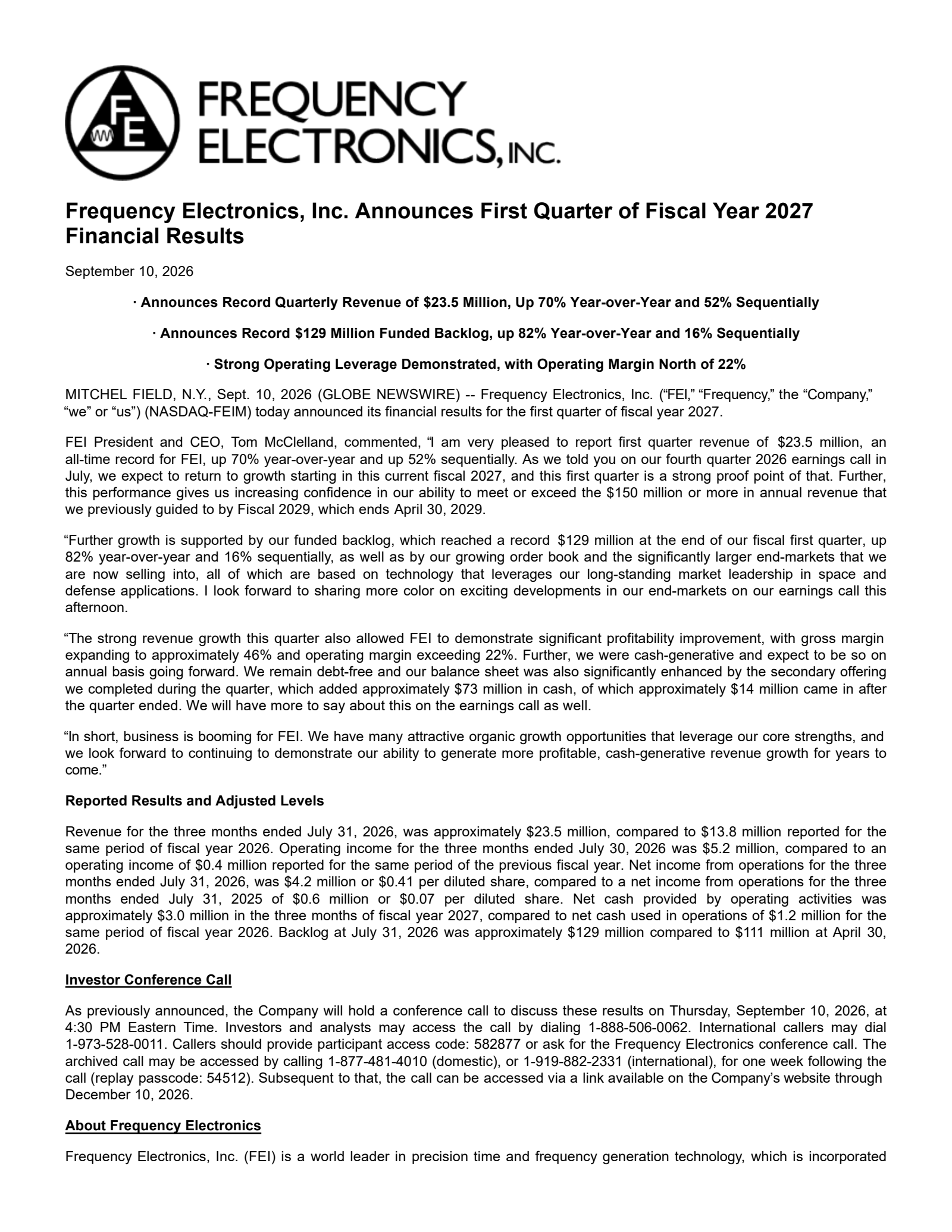 Frequency Electronics' Q1 2027 Press Release