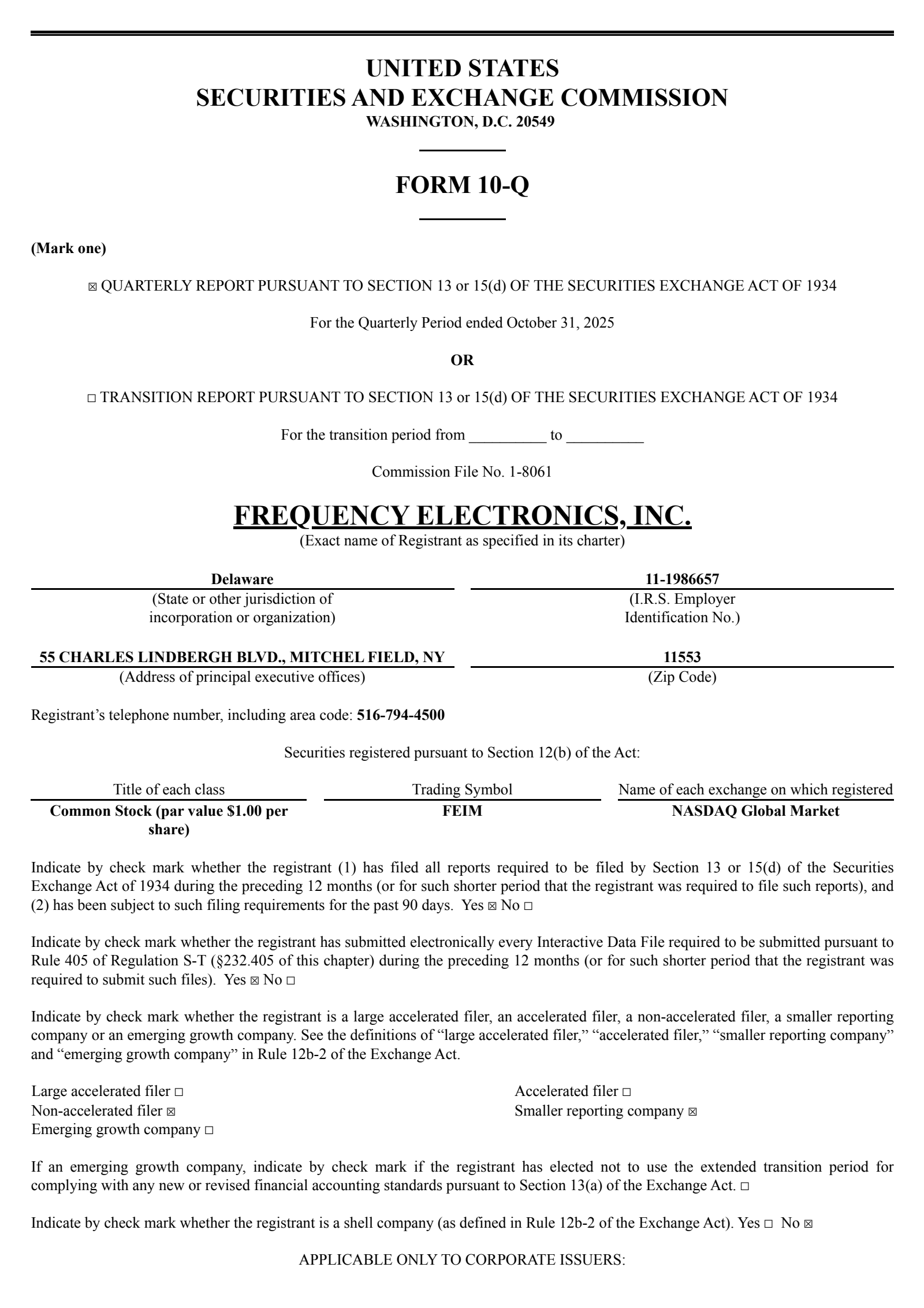 Frequency Electronics' Q2 2026 Quarterly Report