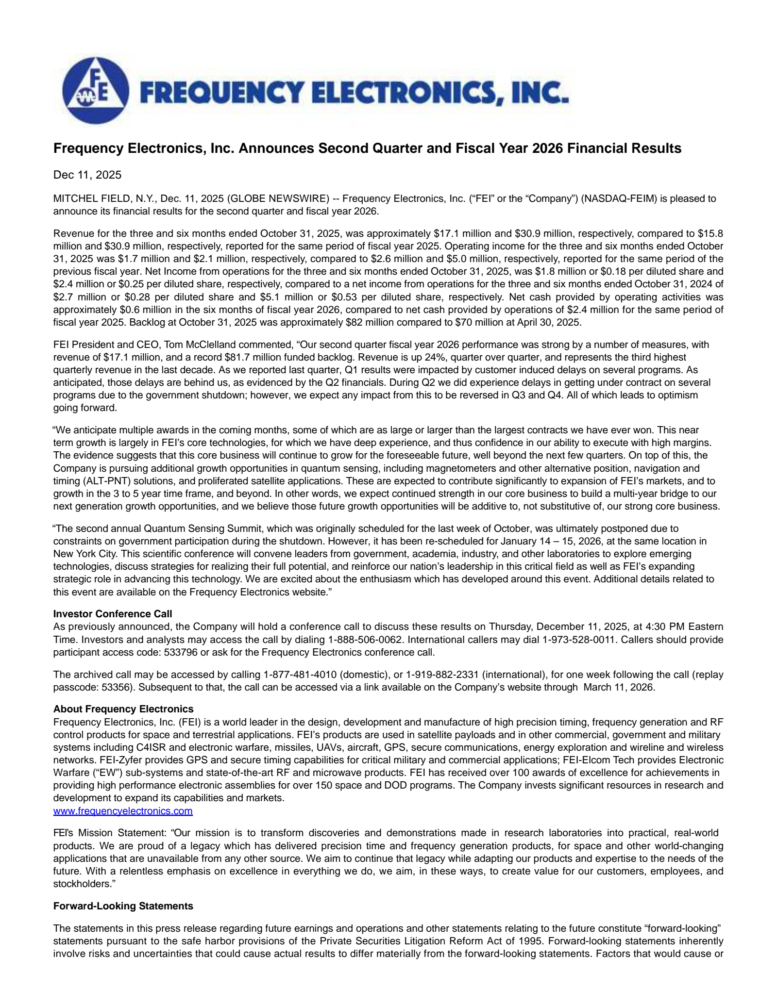 Frequency Electronics' Q2 2026 Earnings Release