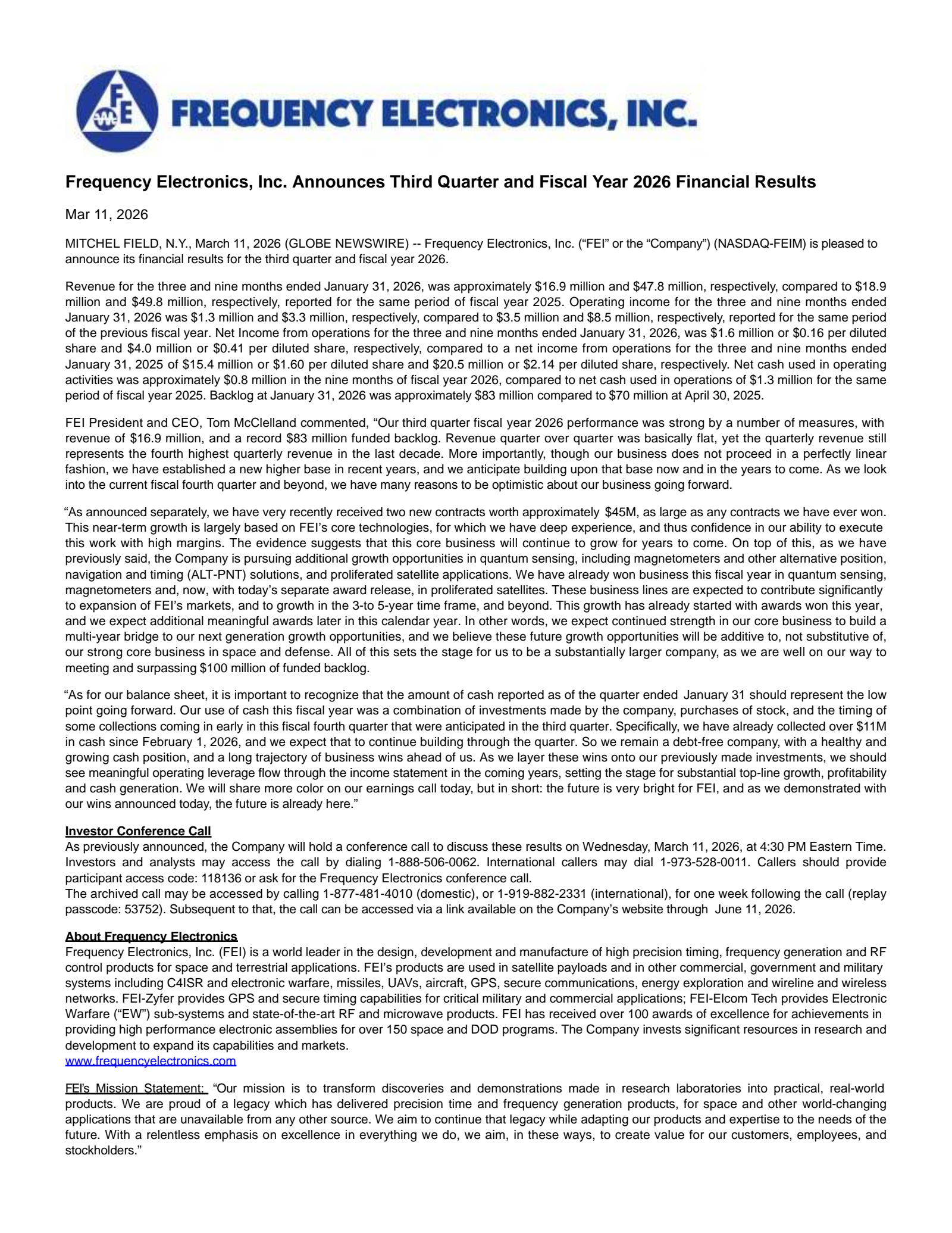 Frequency Electronics' Q3 2026 Press Release