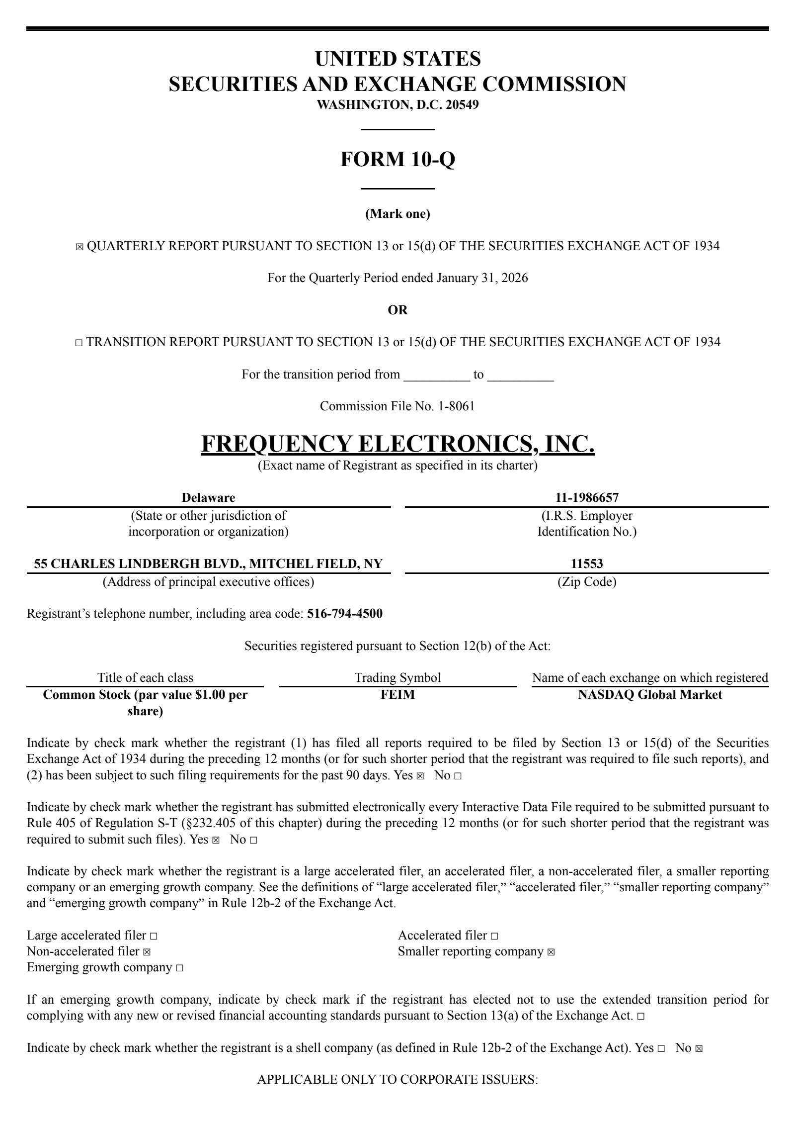 Frequency Electronics' Q3 2026 Quarterly report