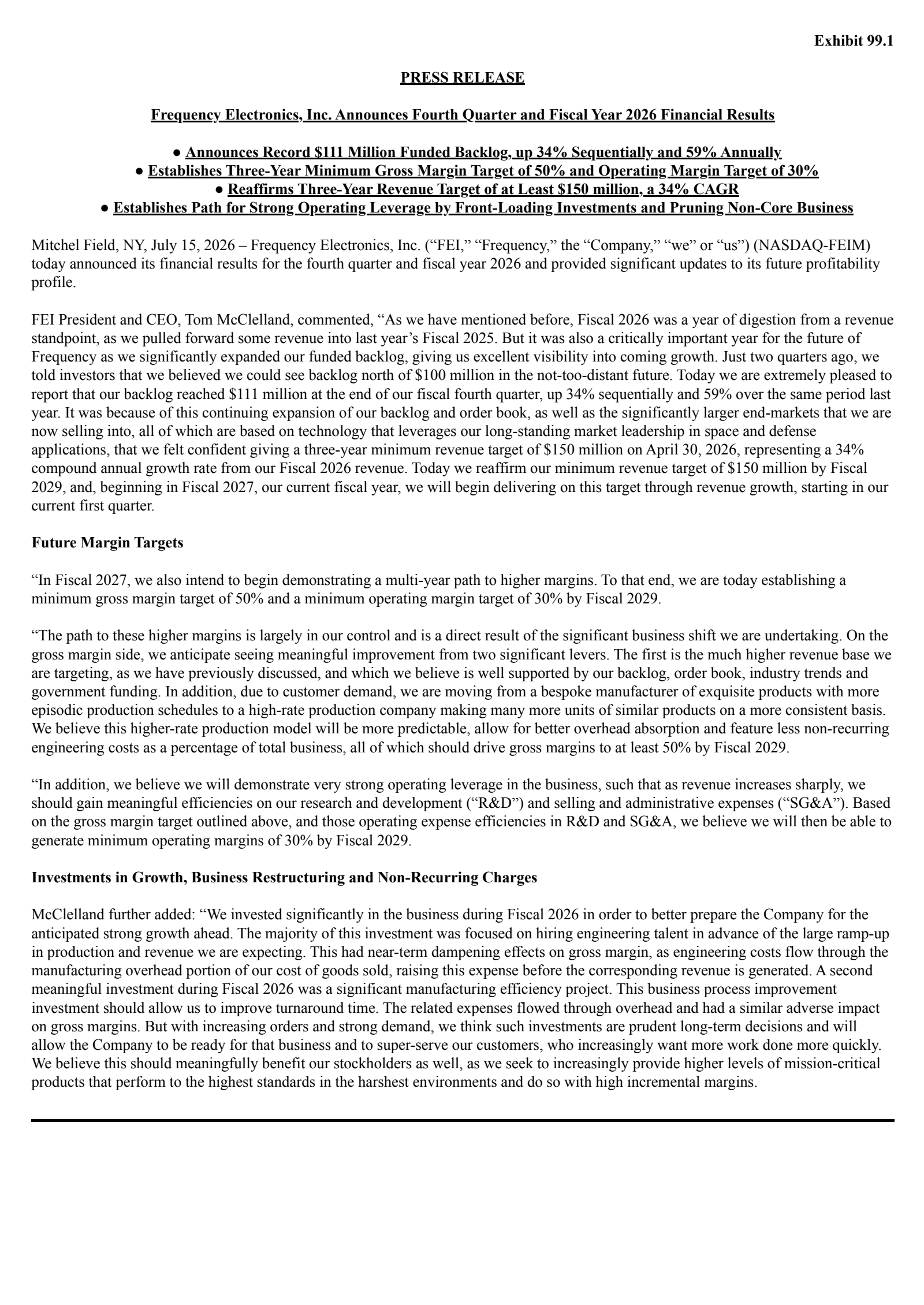 Frequency Electronics' Q4 2026 Press Release