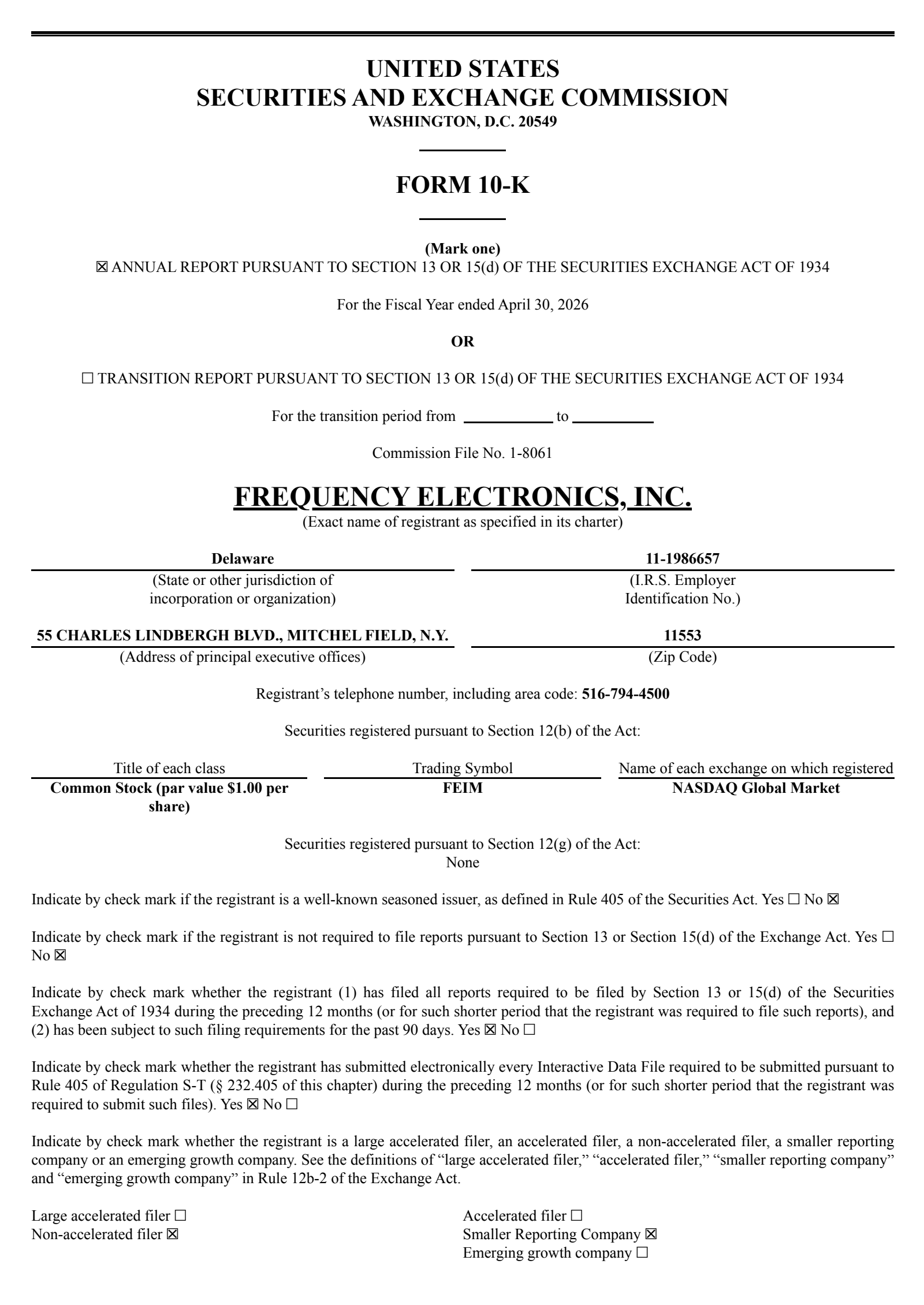Frequency Electronics' Q4 2026 Annual report