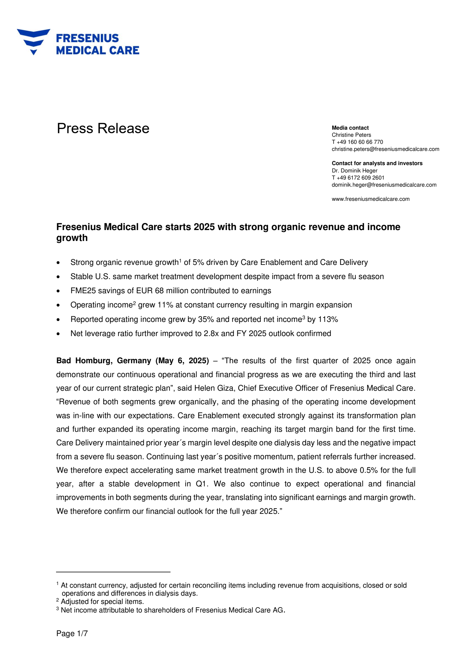 Fresenius Medical Care AG & Co. KGaA's Q1 2025 Earnings Release