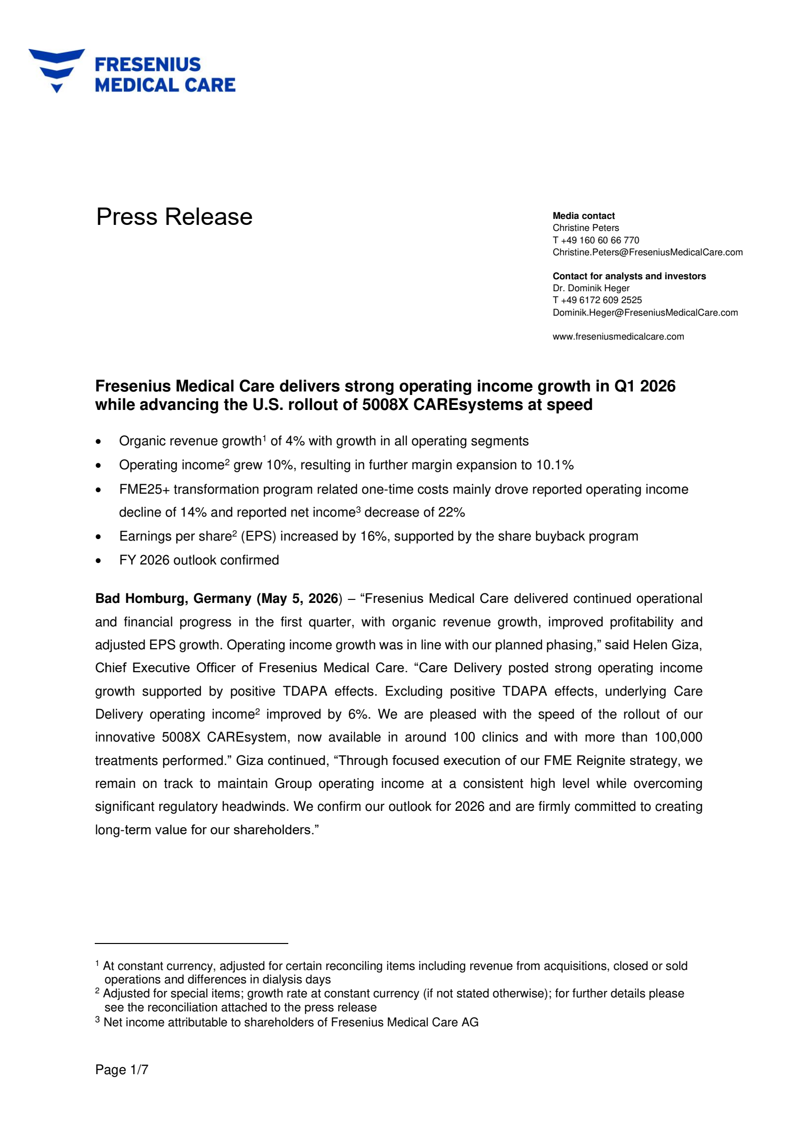 Fresenius Medical Care AG & Co. KGaA's Q1 2026 Interim report