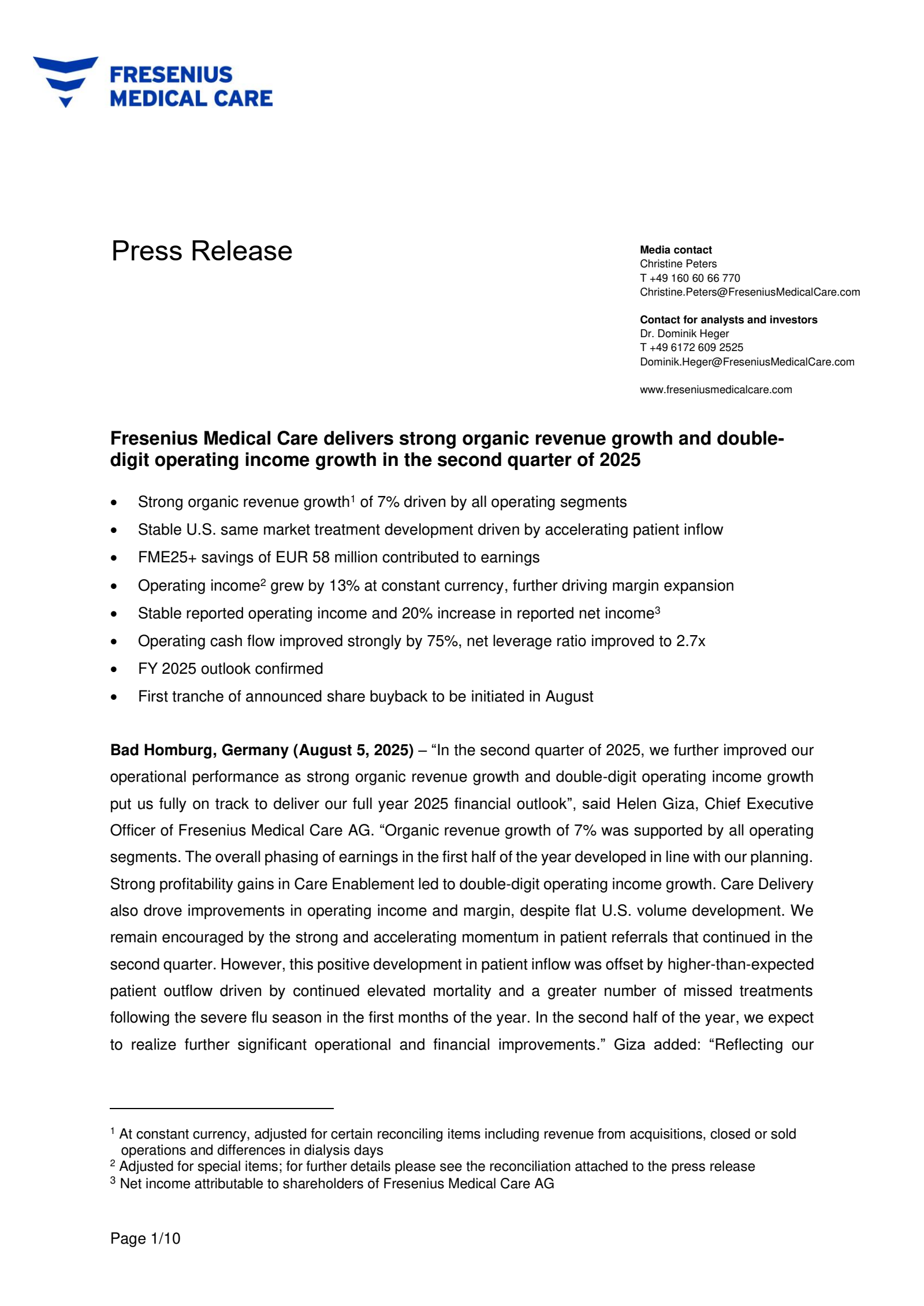 Fresenius Medical Care AG & Co. KGaA's Q2 2025 Earnings Release