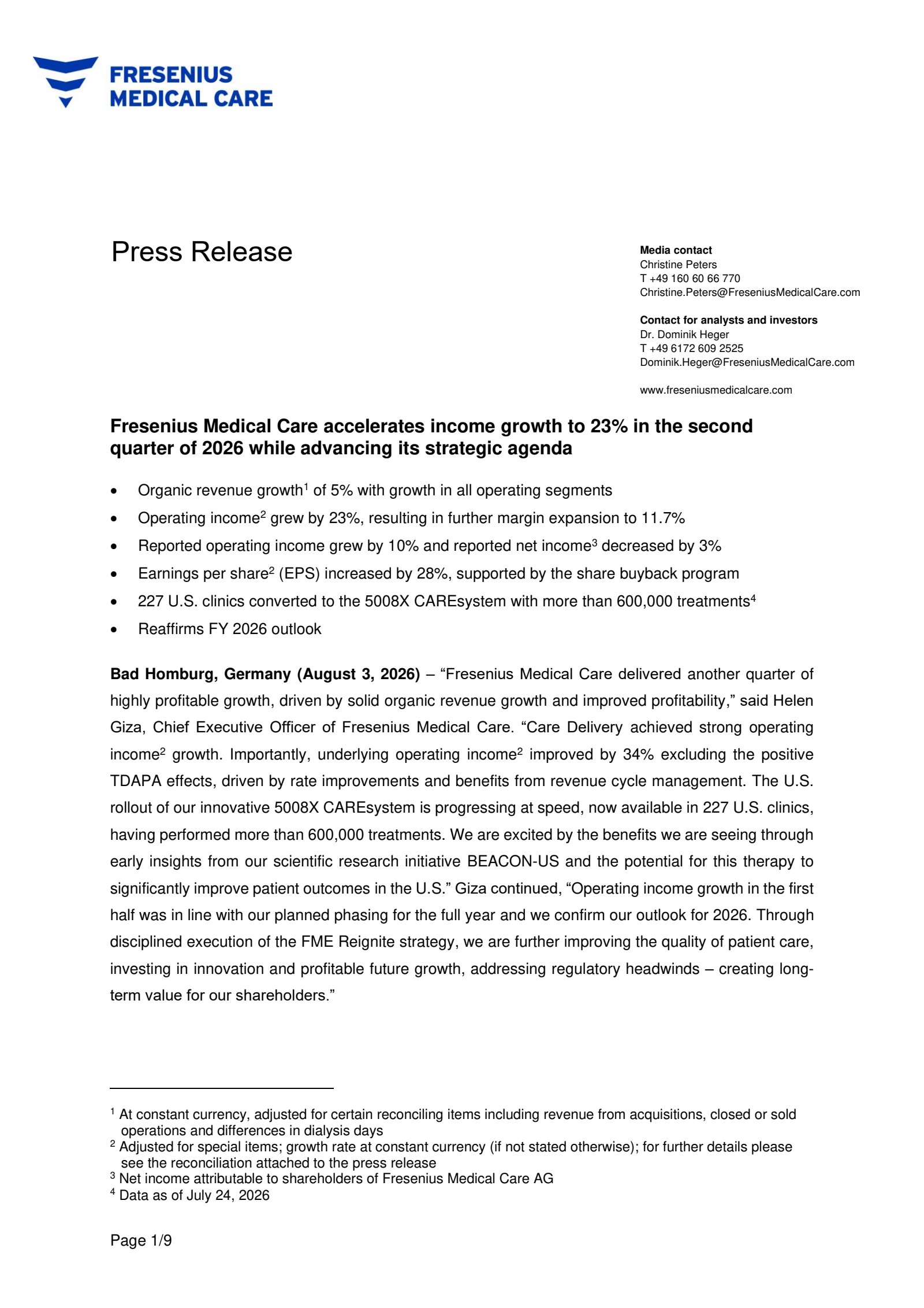 Fresenius Medical Care AG & Co. KGaA's Q2 2026 Press Release