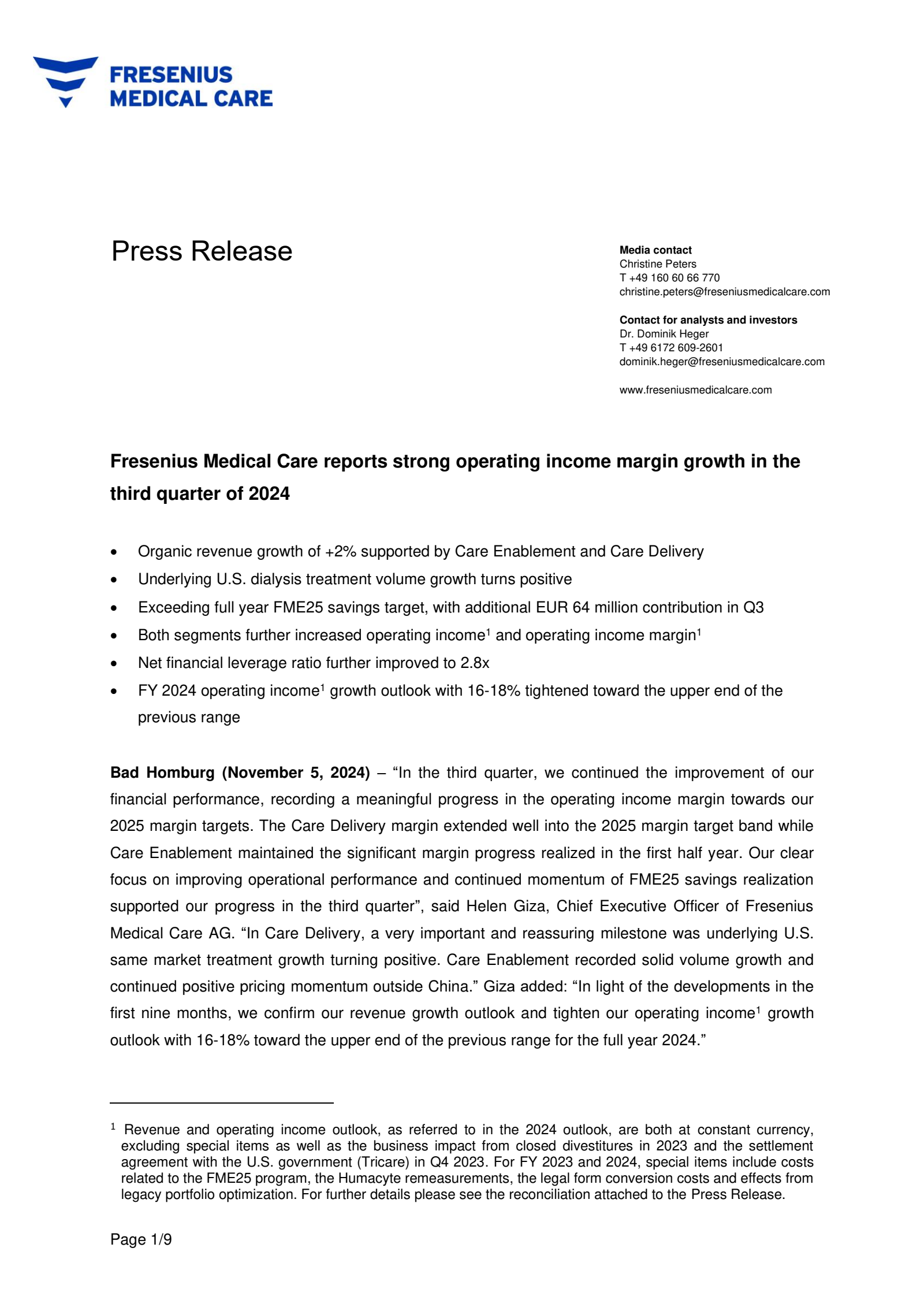 Fresenius Medical Care AG & Co. KGaA's Q3 2024 Earnings Release