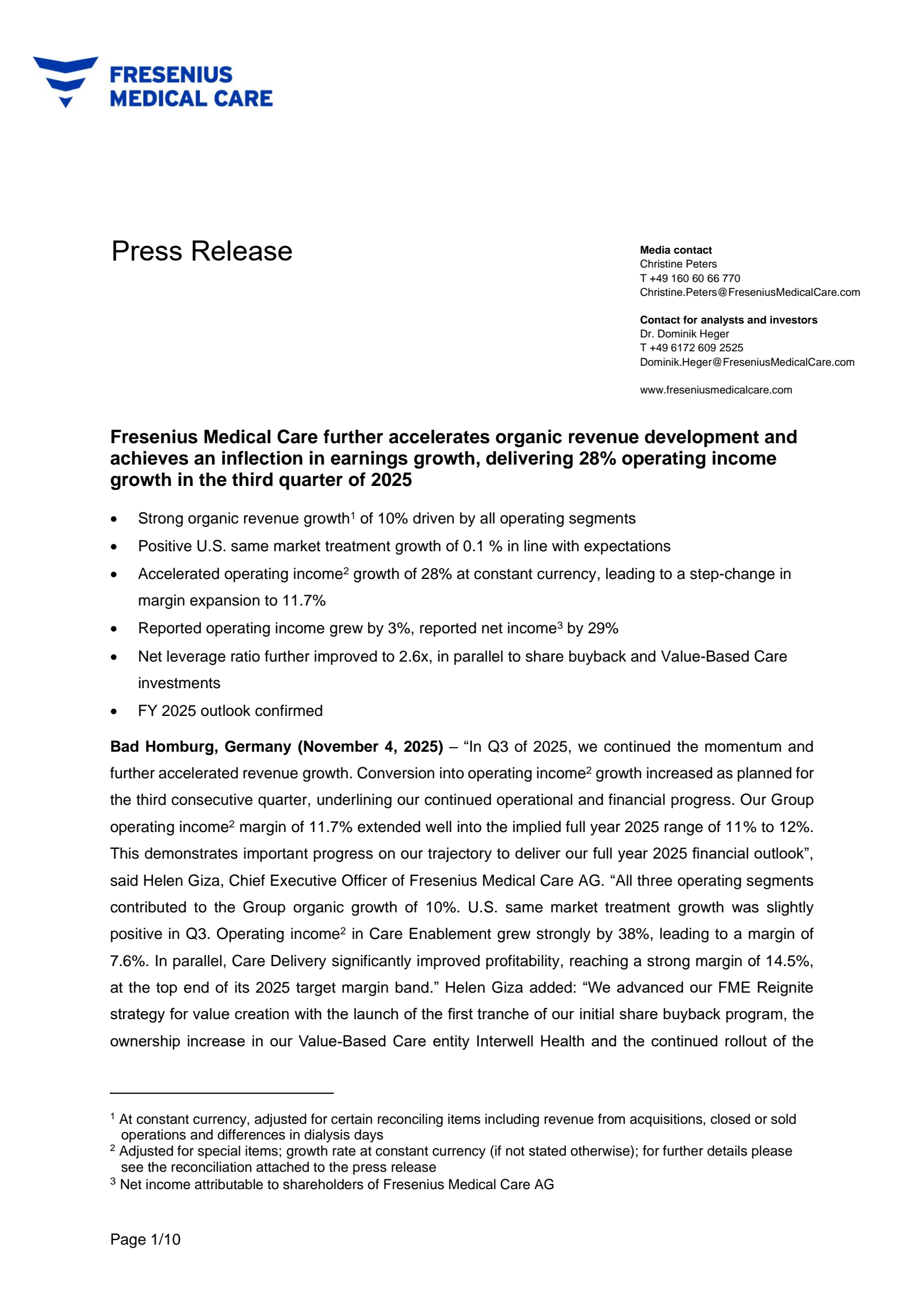 Fresenius Medical Care AG & Co. KGaA's Q3 2025 Earnings Release