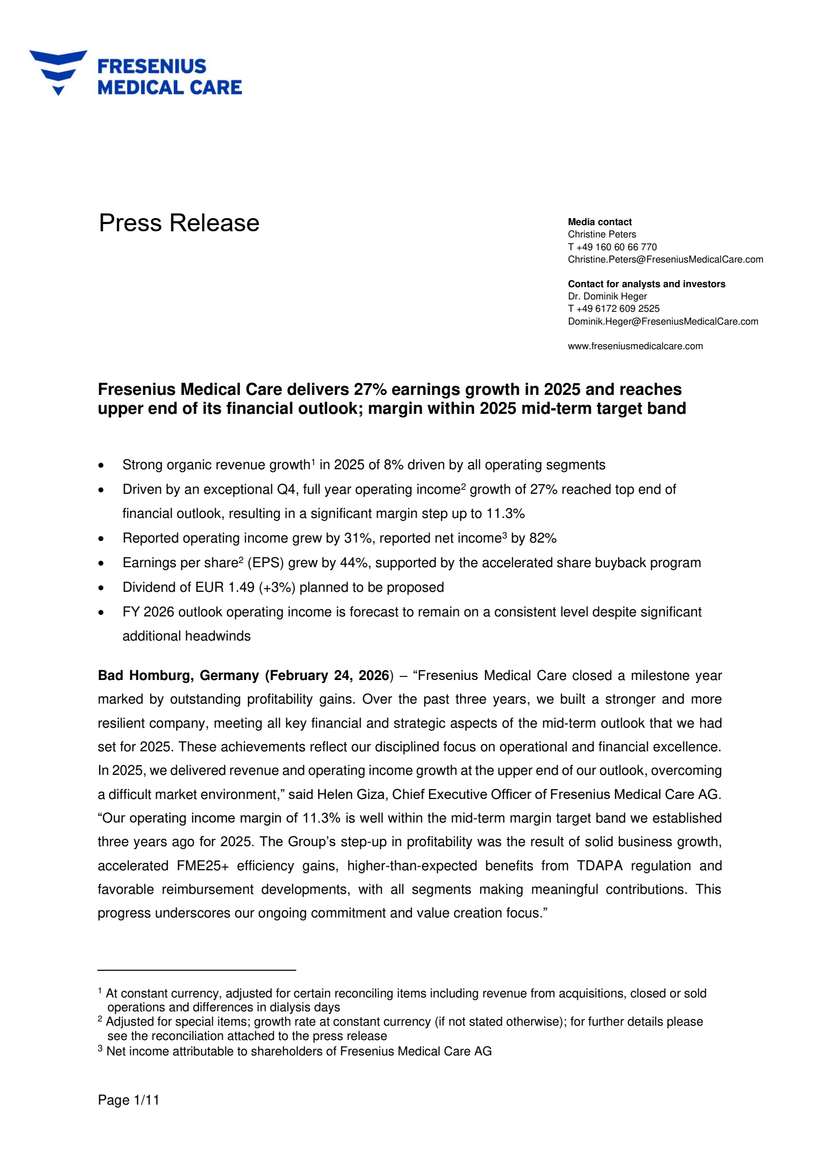Fresenius Medical Care AG & Co. KGaA's Q4 2025 (Media) Press Release
