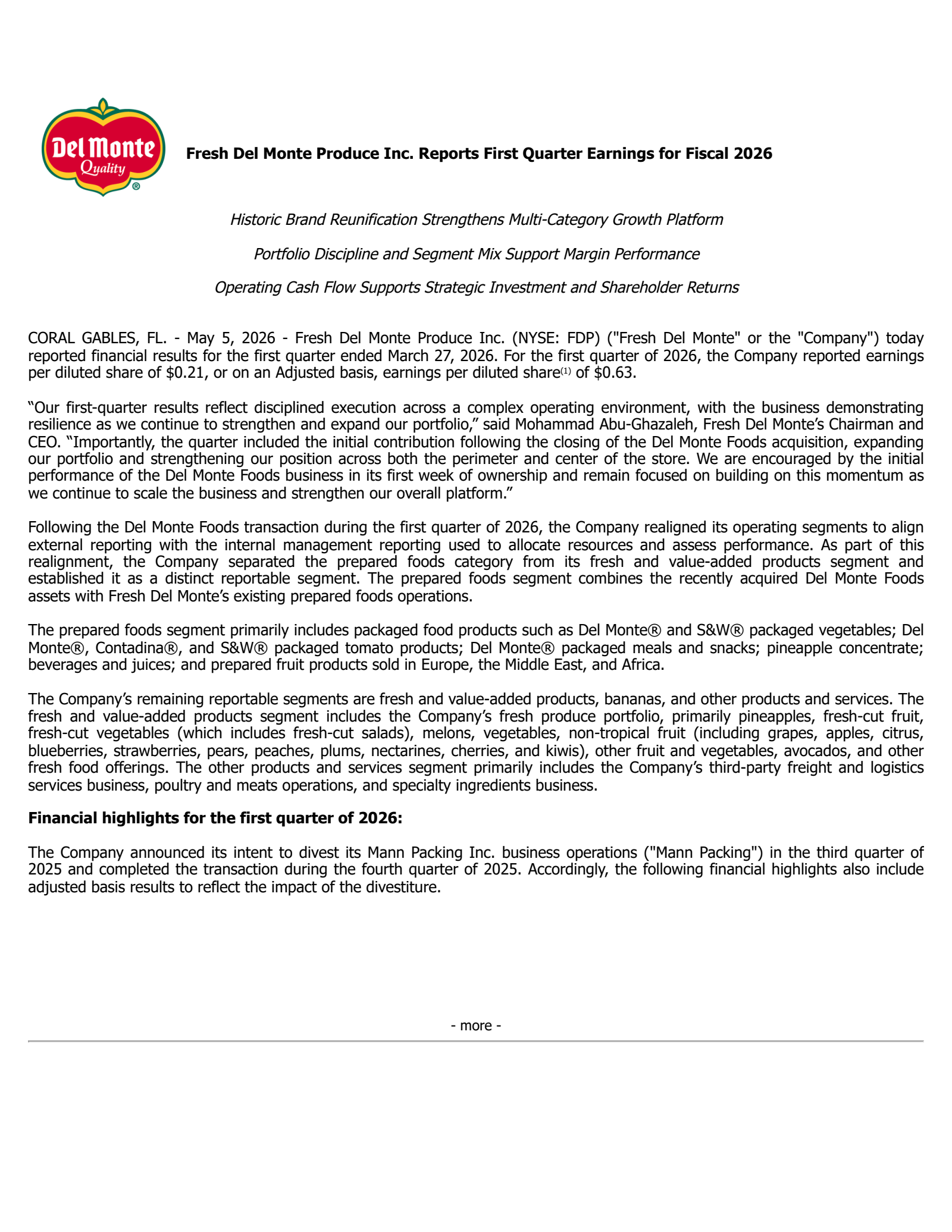 Fresh Del Monte Produce's Q1 2026 Press Release