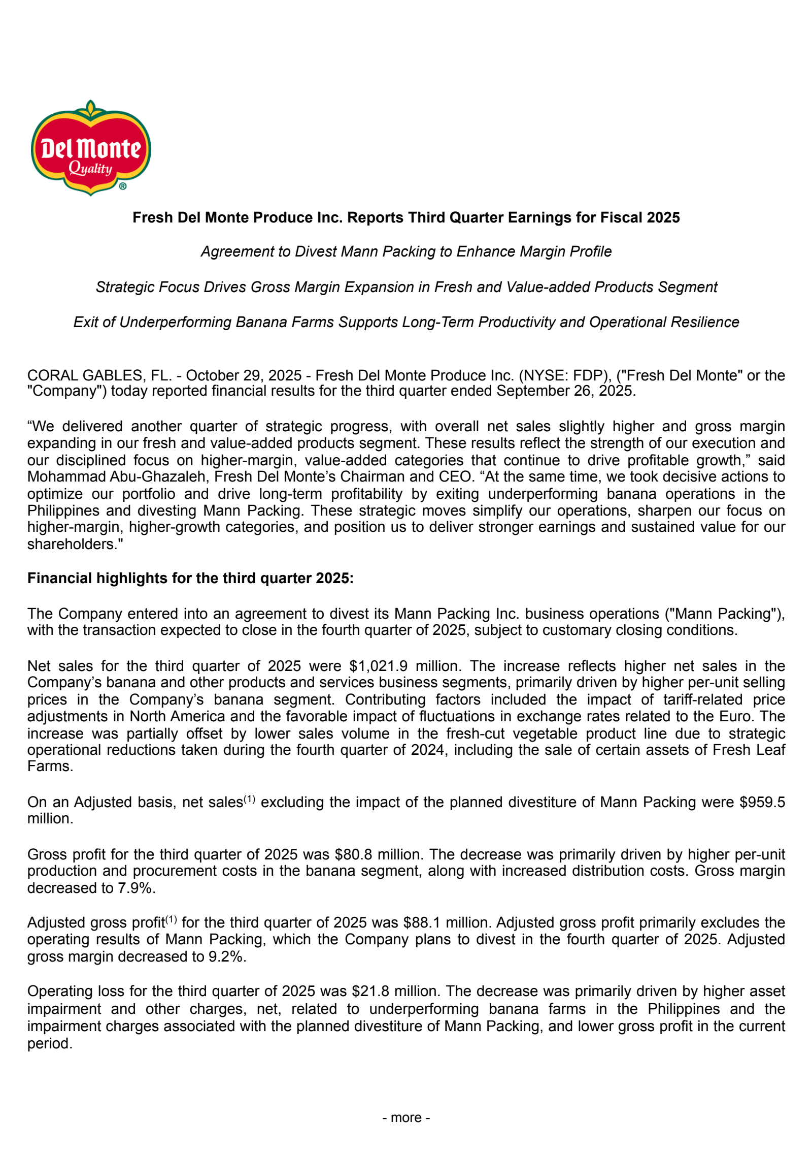 Fresh Del Monte Produce's Q3 2025 Earnings Release