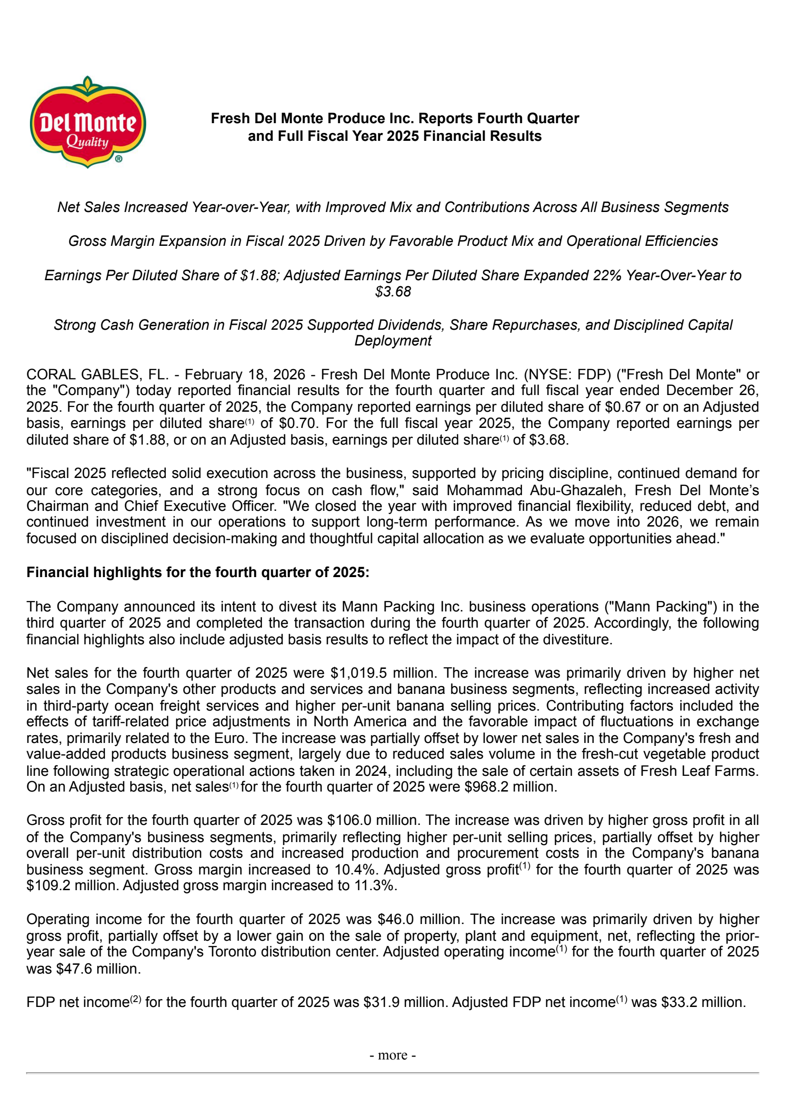 Fresh Del Monte Produce's Q4 2025 Press Release