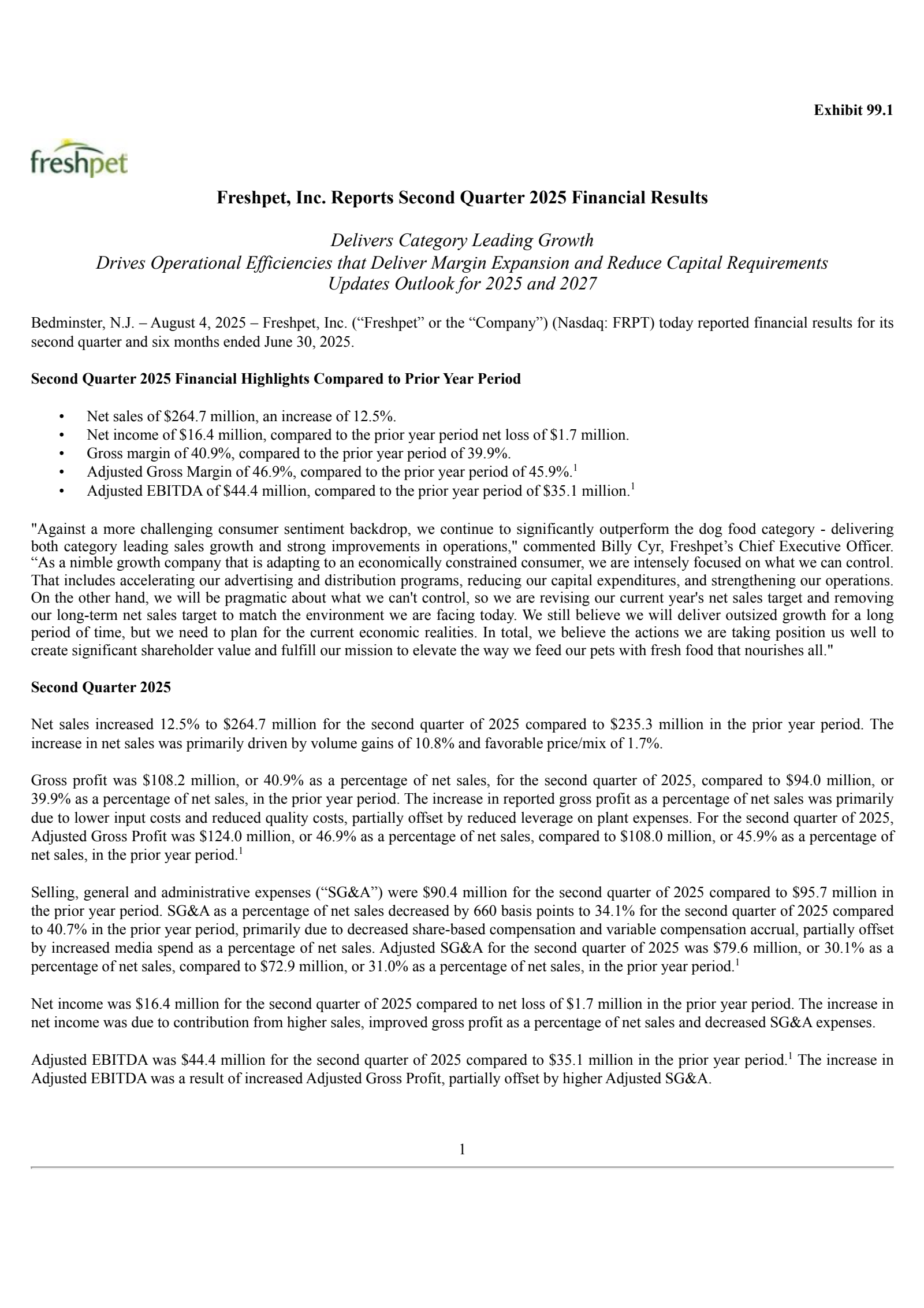 Freshpet's Q2 2025 Press Release