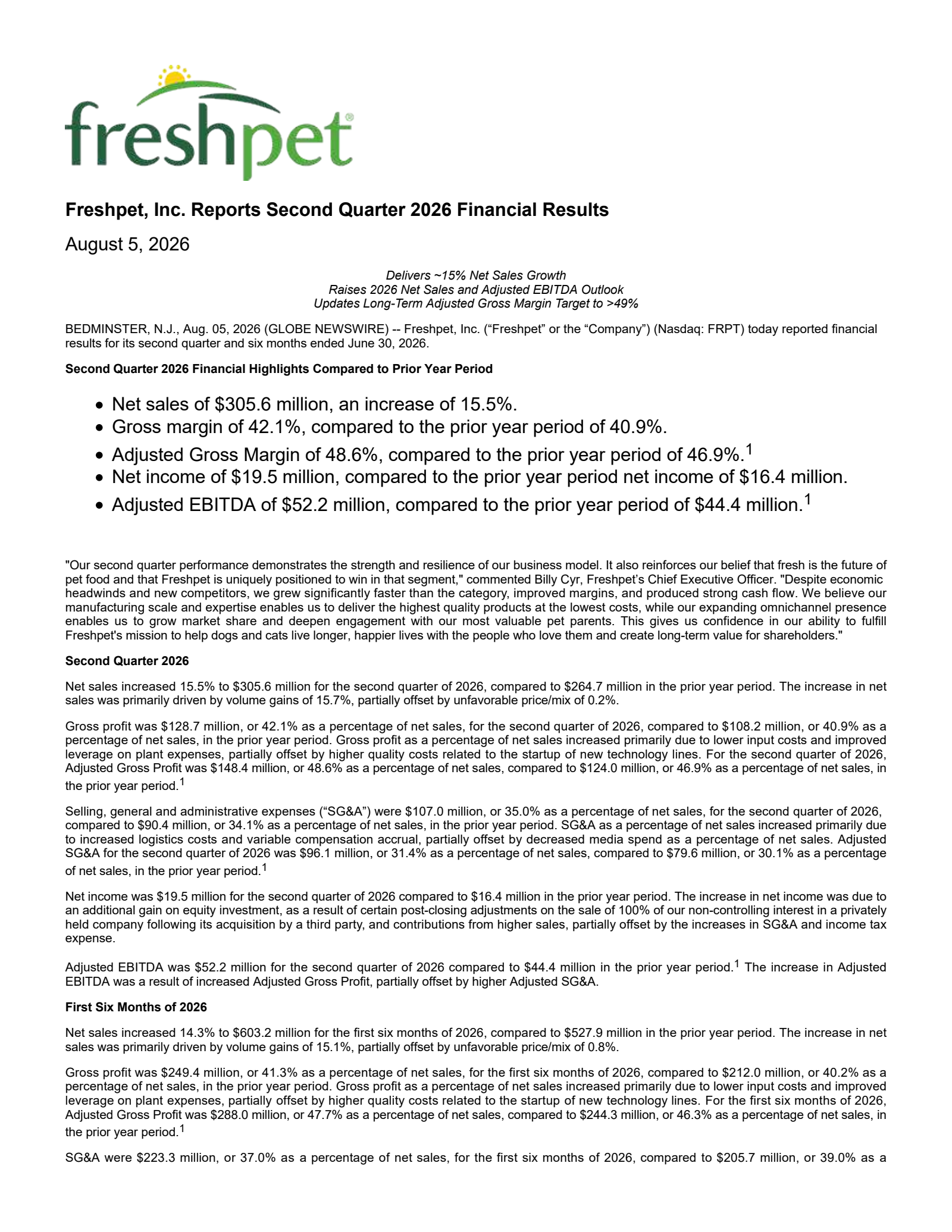 Freshpet's Q2 2026 Press Release