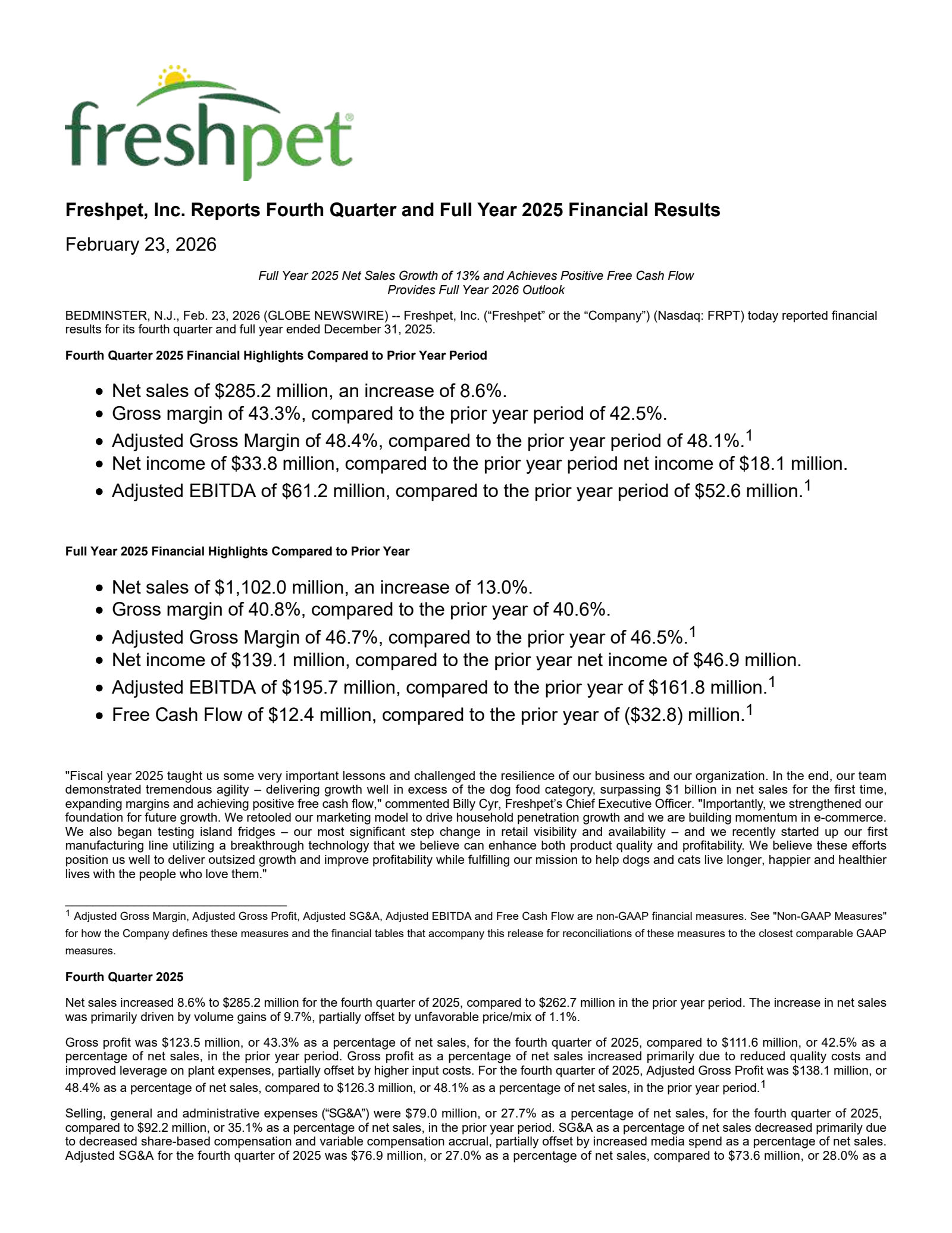 Freshpet's Q4 2025 Press Release