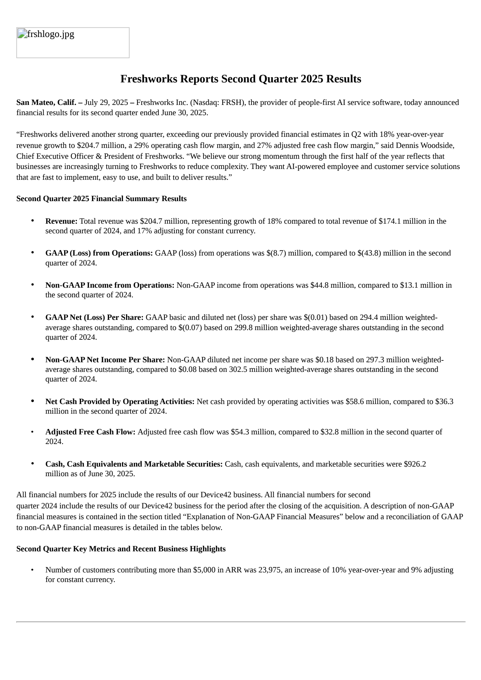 Freshworks' Q2 2025 Press Release