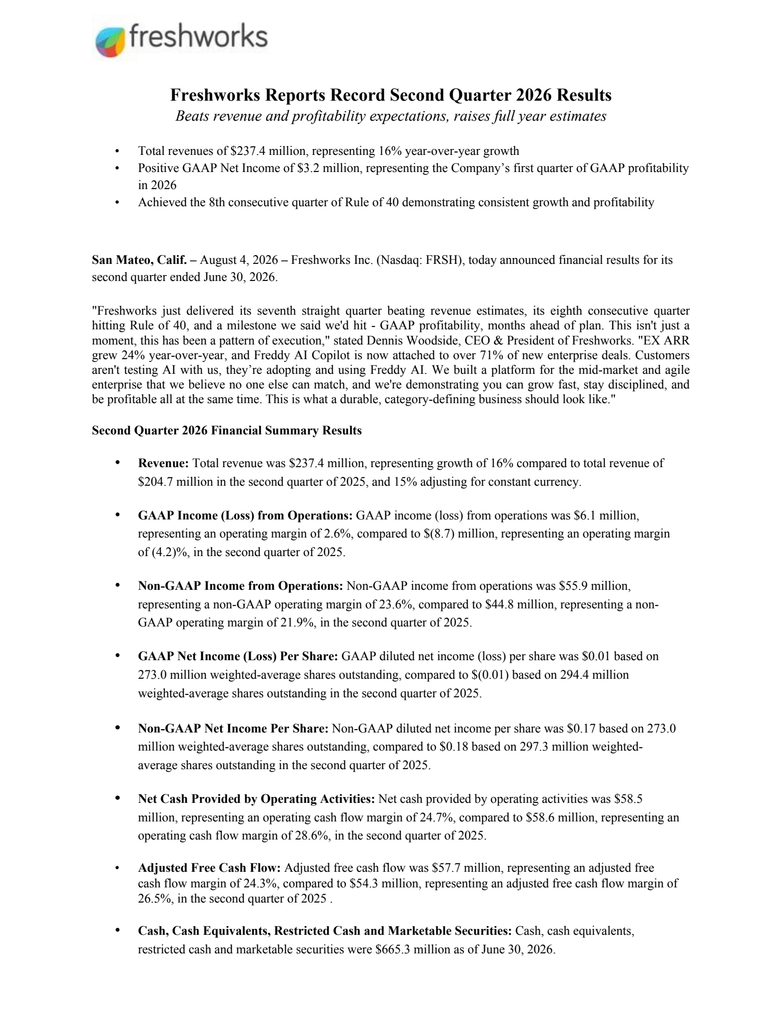Freshworks' Q2 2026 Press Release
