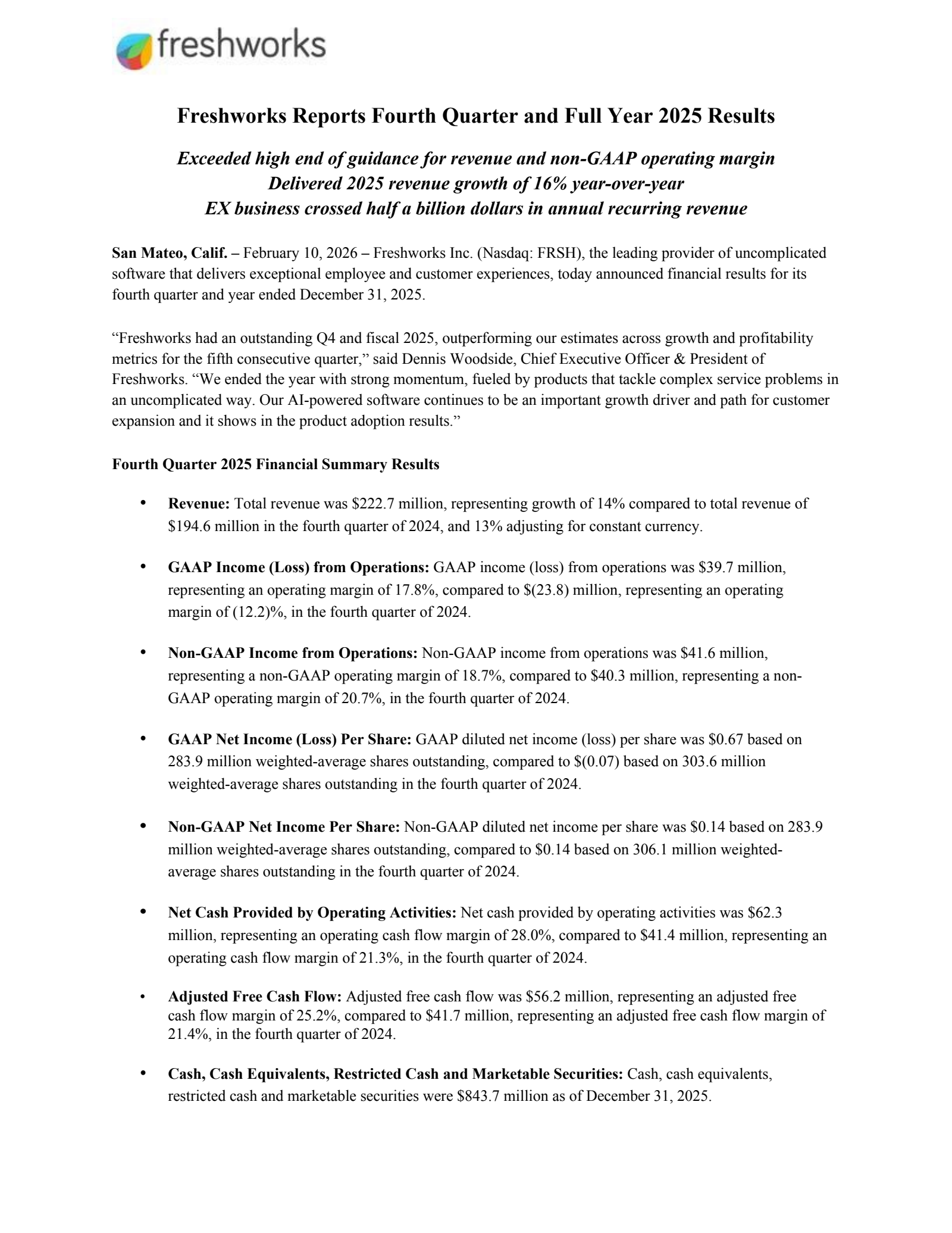 Freshworks' Q4 2025 Press Release