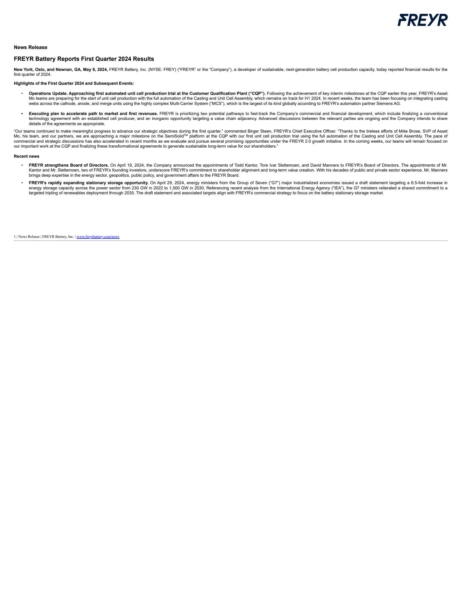 FREYR Battery's Q1 2024 Press Release