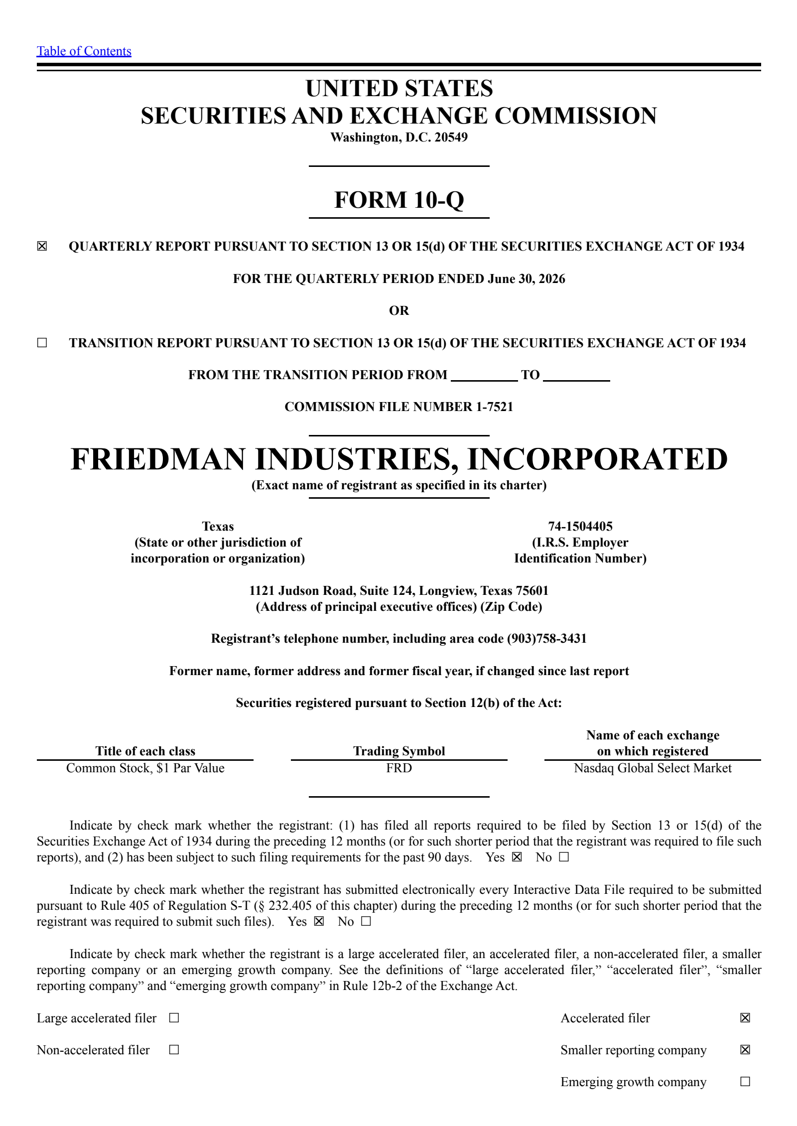 Friedman Industries' Q1 2027 Quarterly report