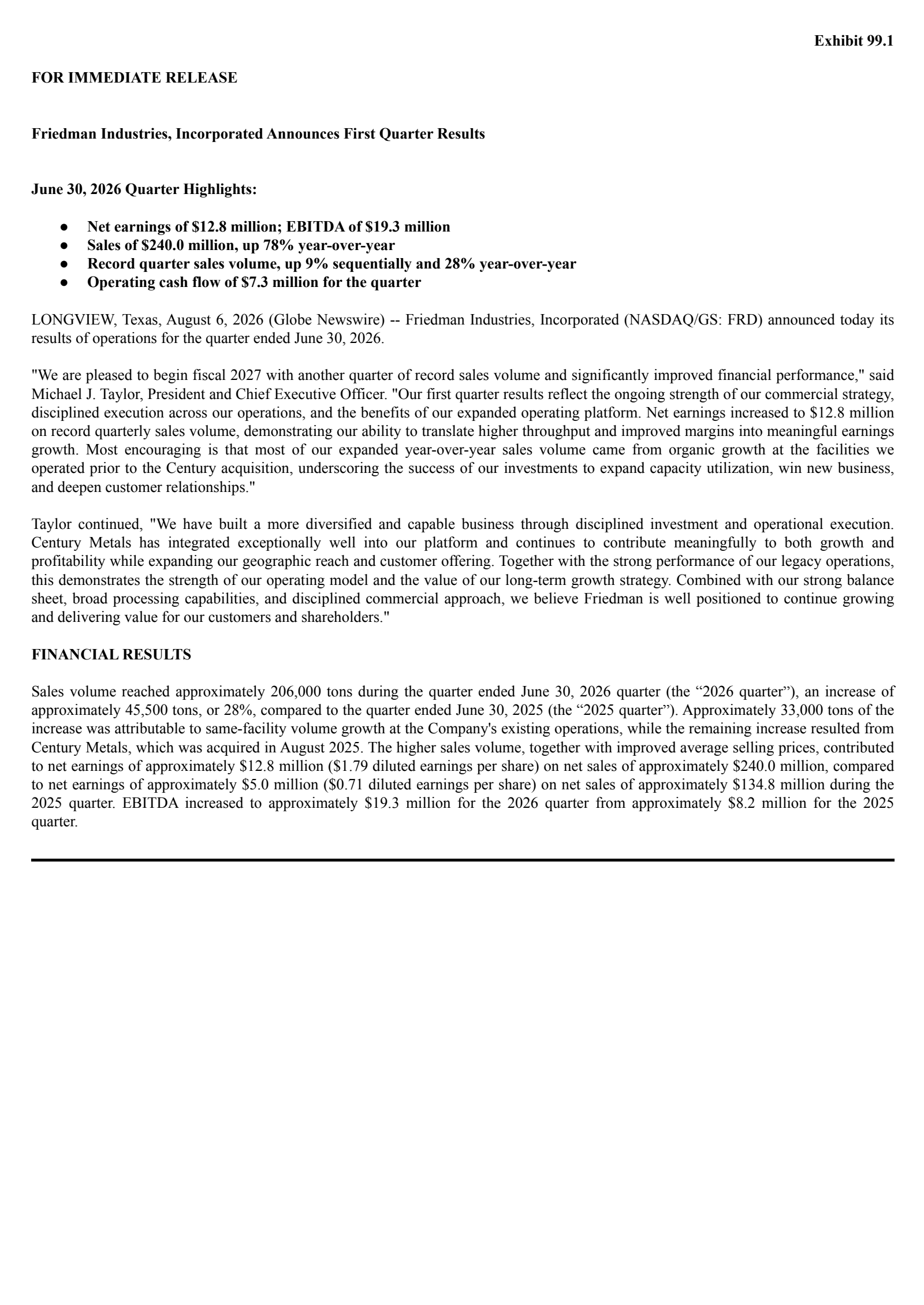 Friedman Industries' Q1 2027 Press Release