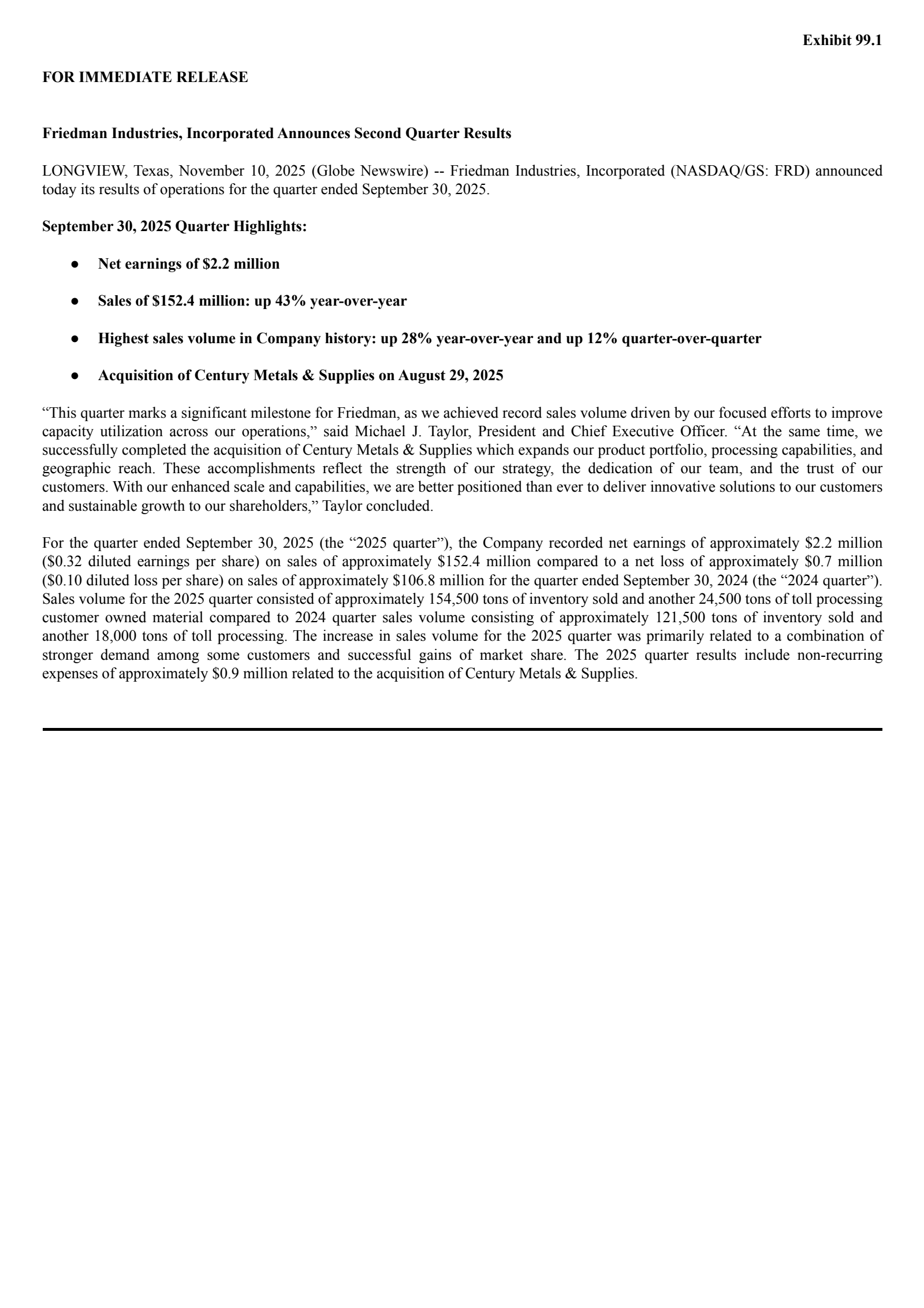 Friedman Industries' Q2 2026 Earnings Release
