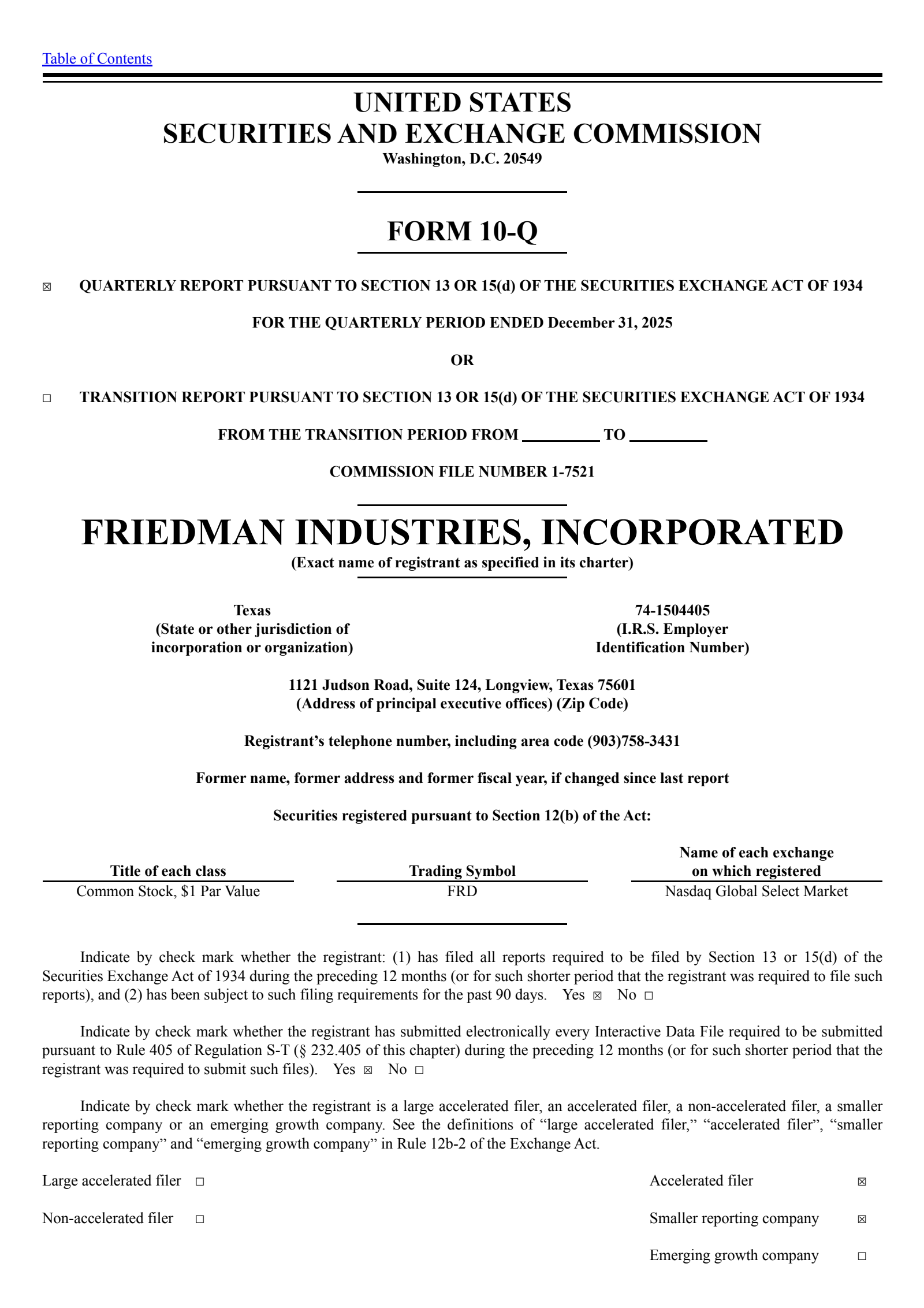Friedman Industries' Q3 2026 Quarterly report
