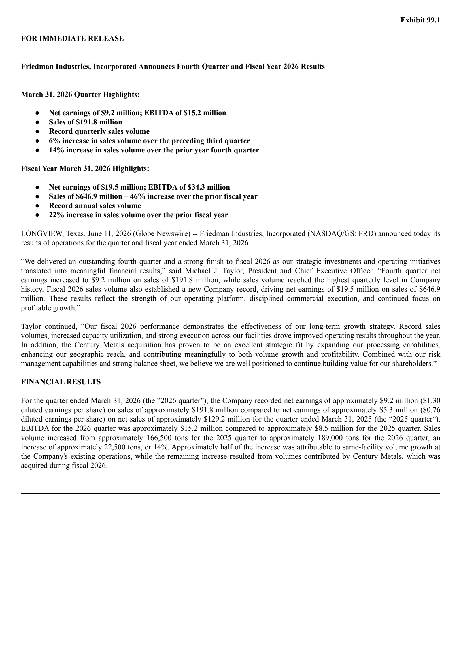 Friedman Industries' Q4 2026 Press Release