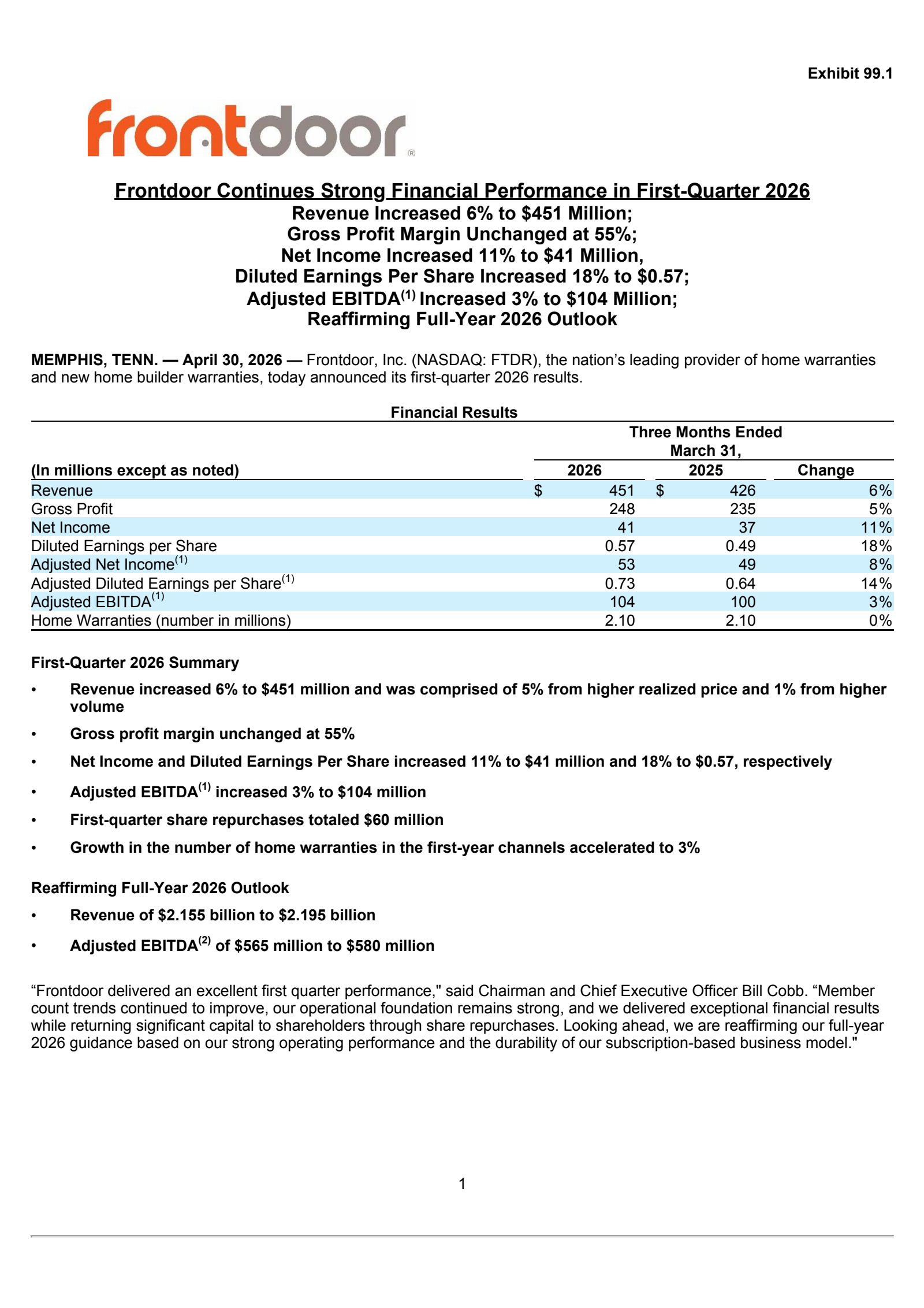 Frontdoor's Q1 2026 Press Release