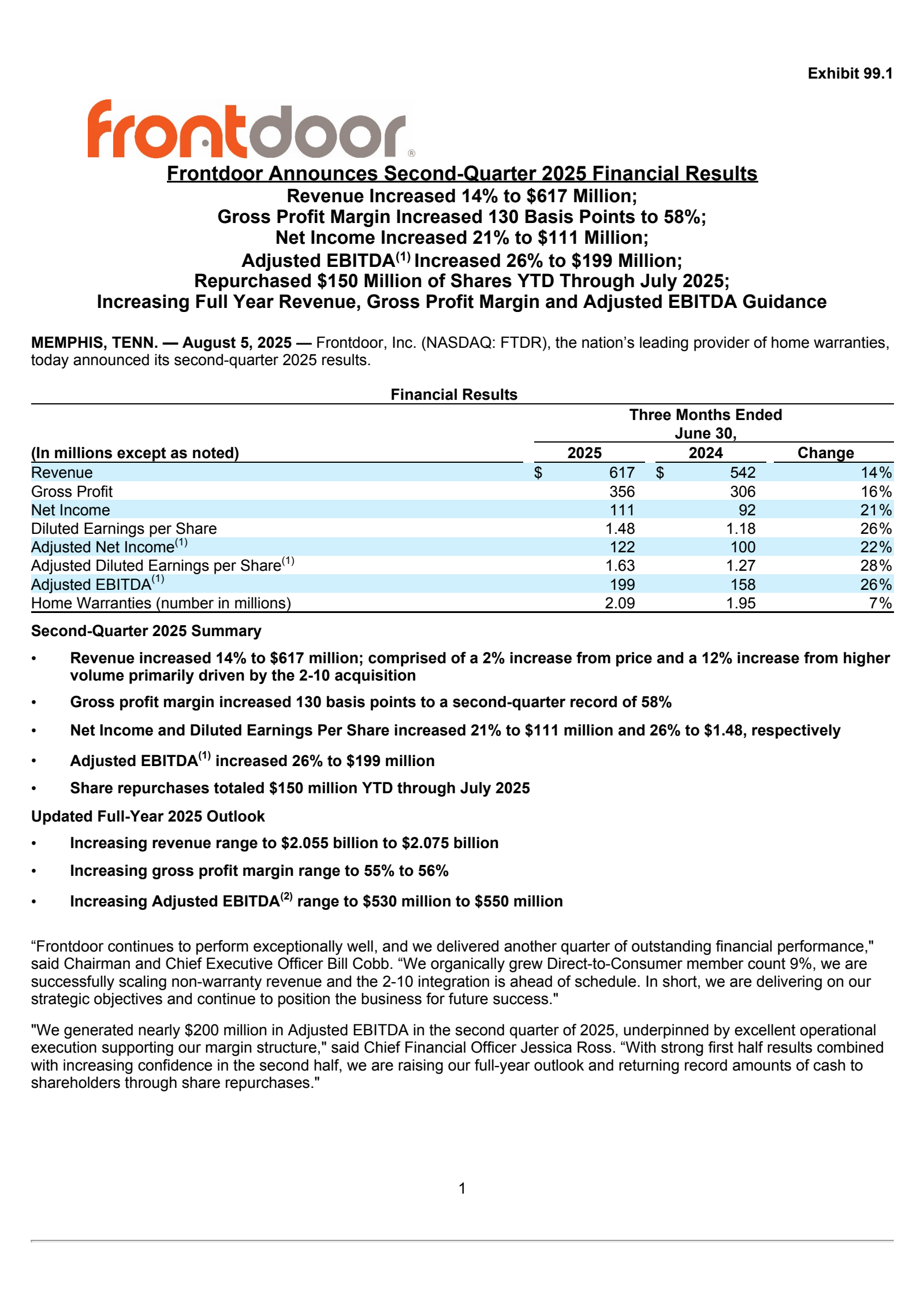 Frontdoor's Q2 2025 Press Release