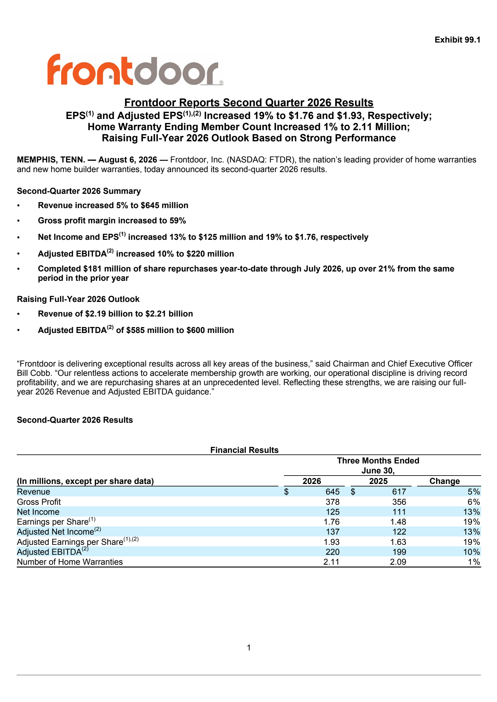 Frontdoor's Q2 2026 Press Release
