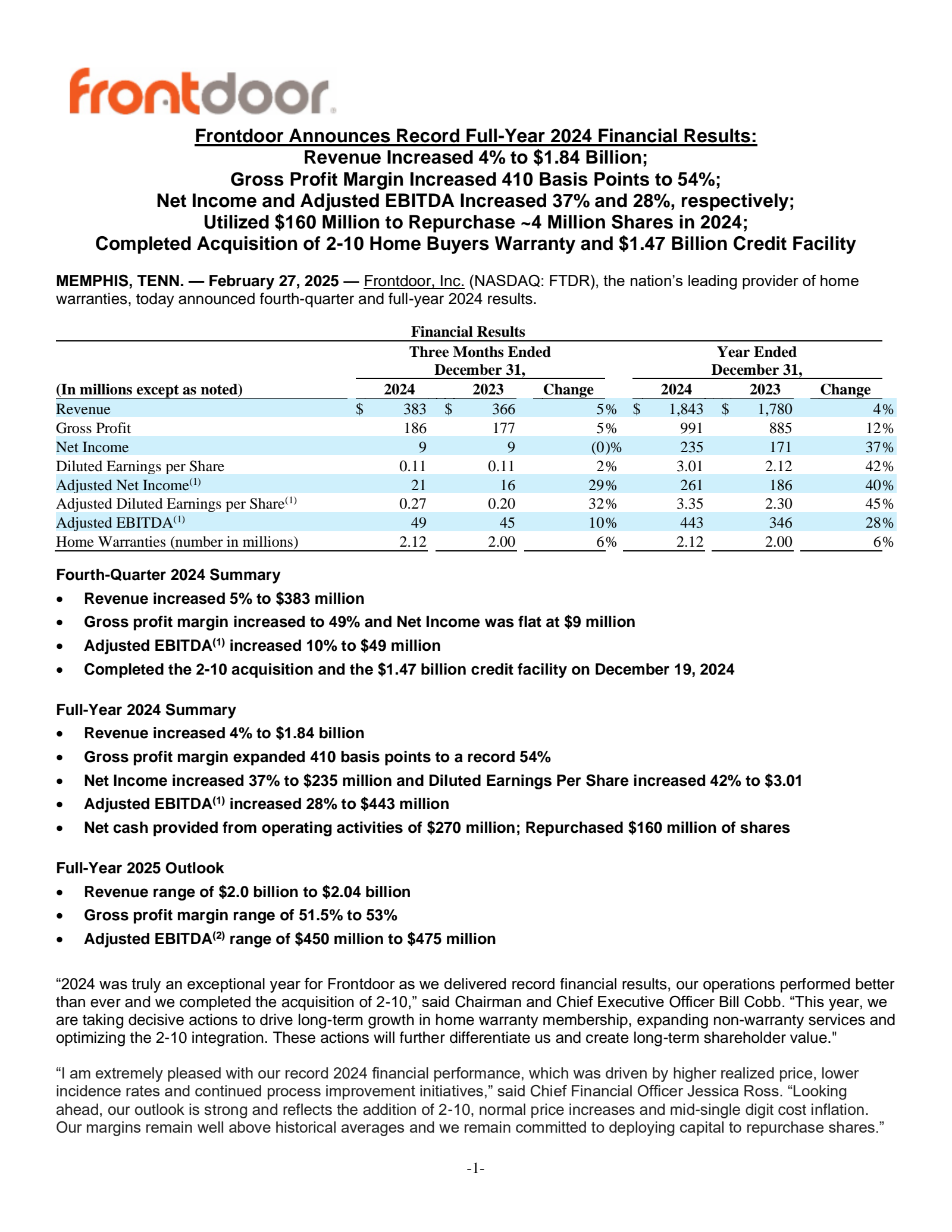 Frontdoor's Q4 2024 Press Release