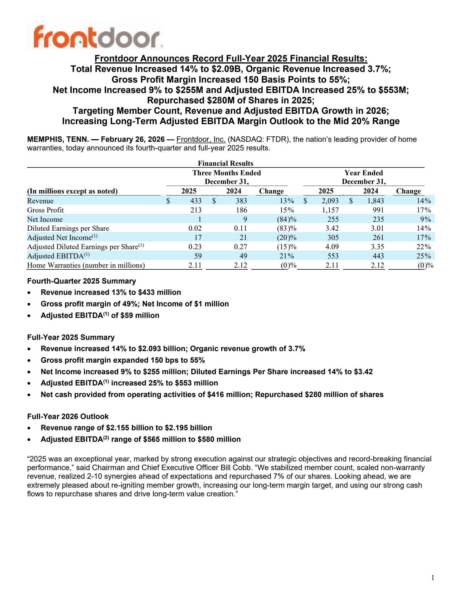 Frontdoor's Q4 2025 Press Release