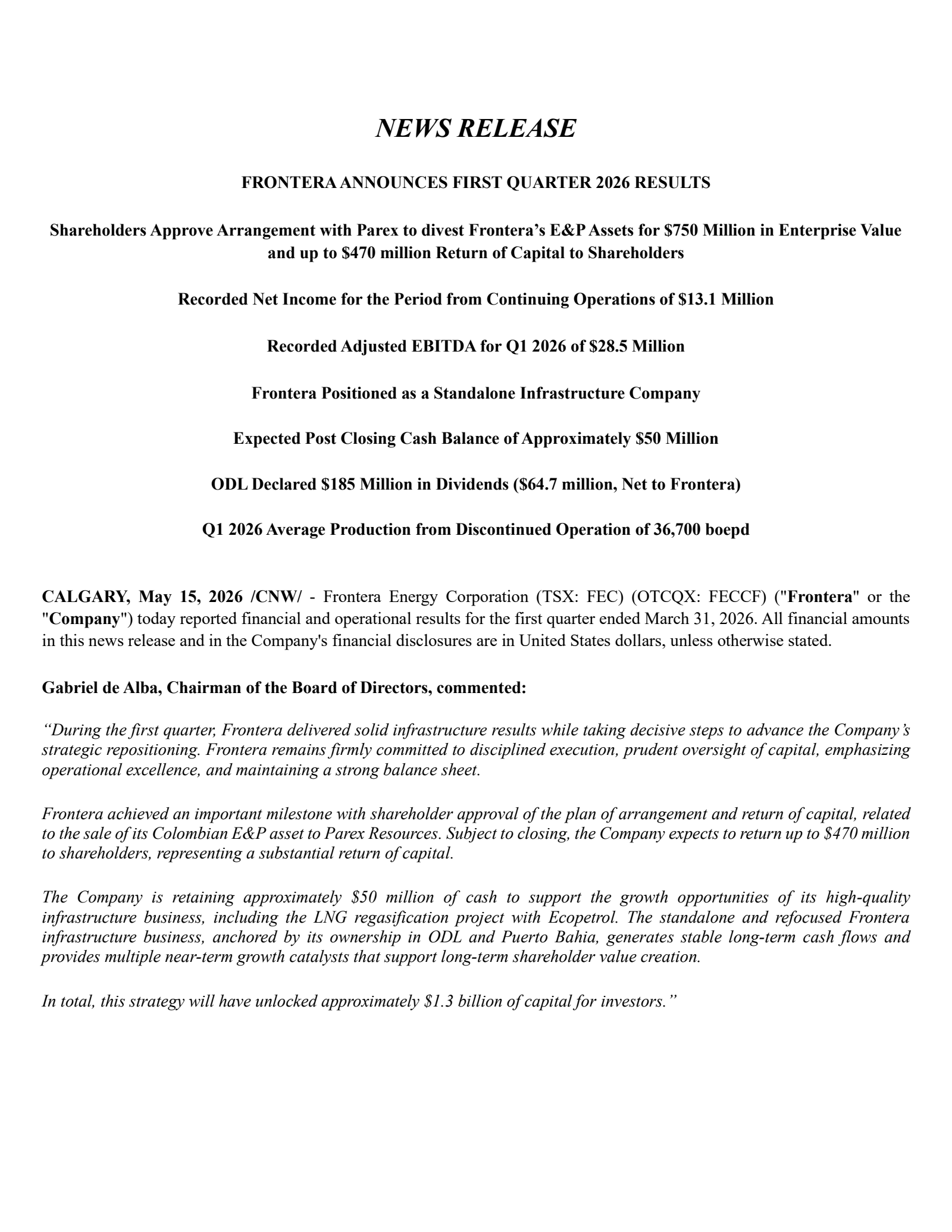 Frontera Energy's Q1 2026 Press Release