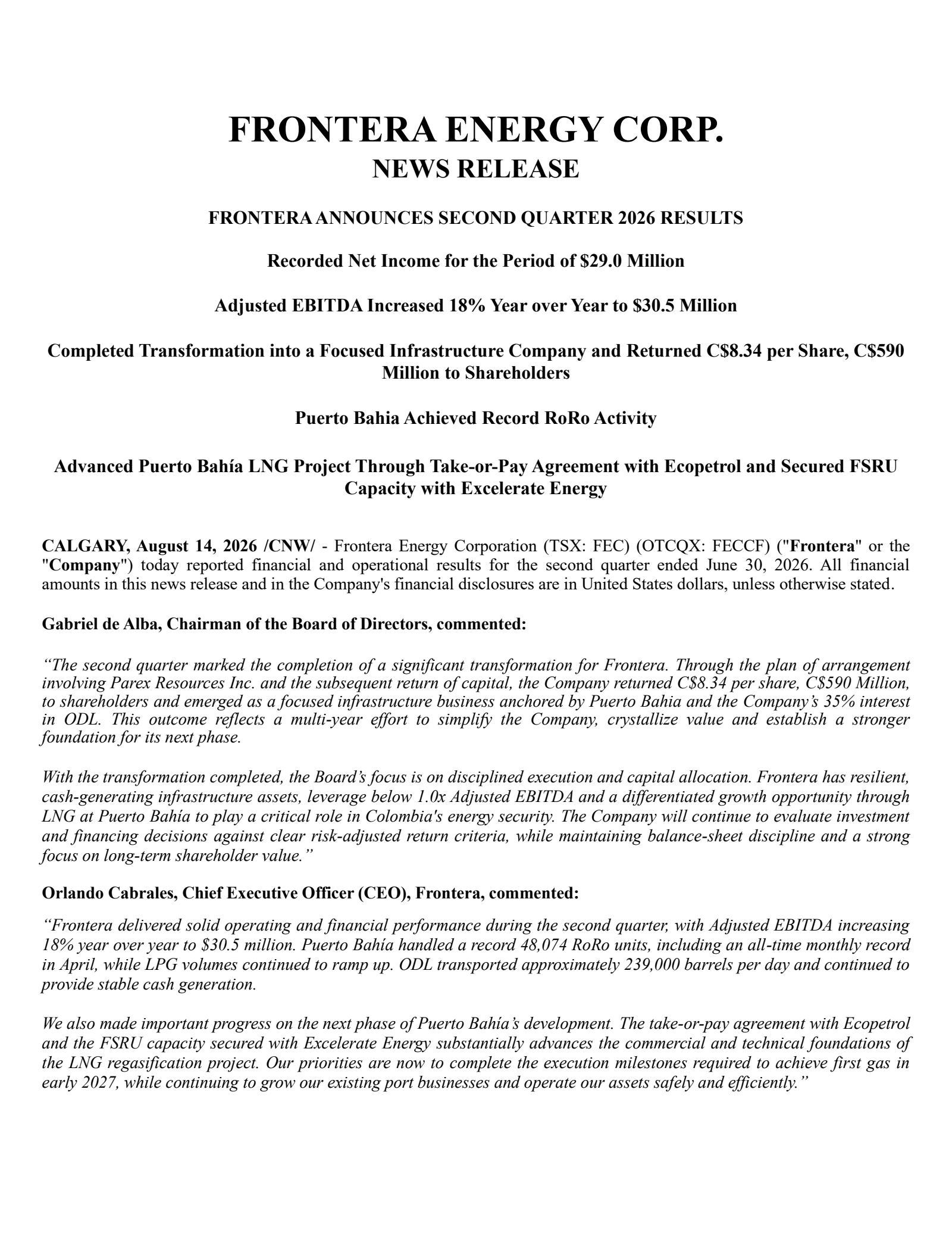Frontera Energy's Q2 2026 Press Release