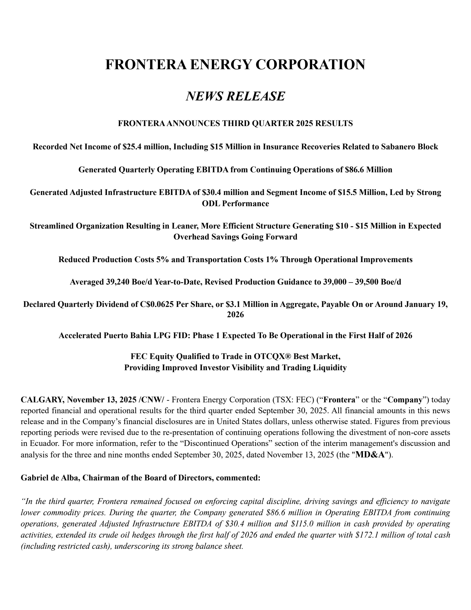 Frontera Energy's Q3 2025 Earnings Release